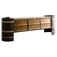 Contemporary Custom Sideboard In Ziricote Wood Veneer & Leather Accents