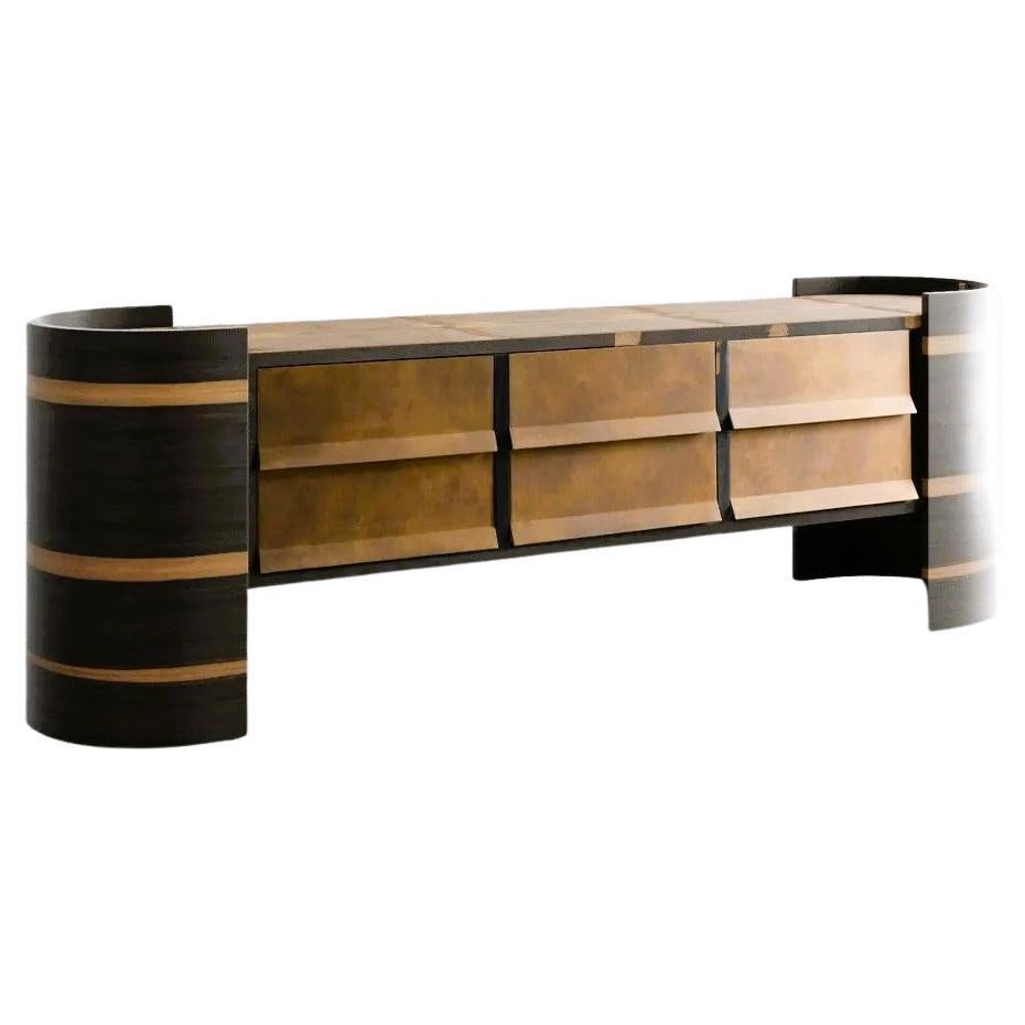 Buffet contemporain sur mesure en placage de Wood Ziricote et touches de cuir