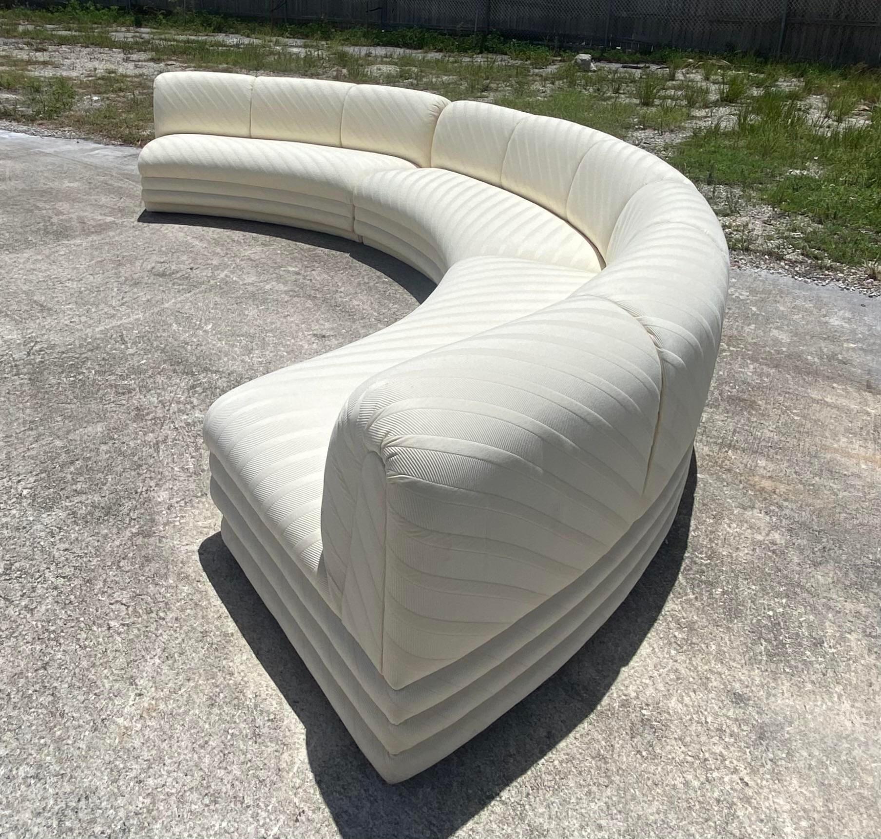 Organic Modern Contemporary Custom Tonal Striped Half Moon Sectional