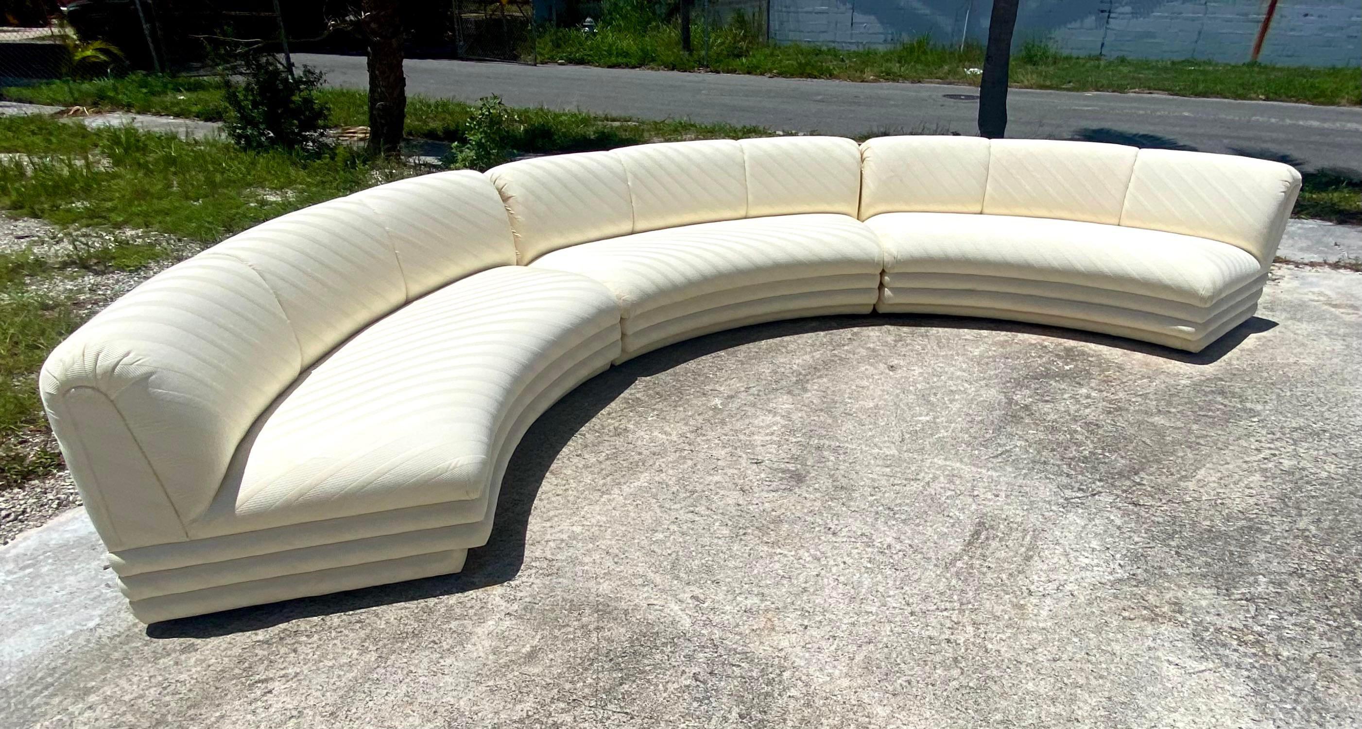 American Contemporary Custom Tonal Striped Half Moon Sectional