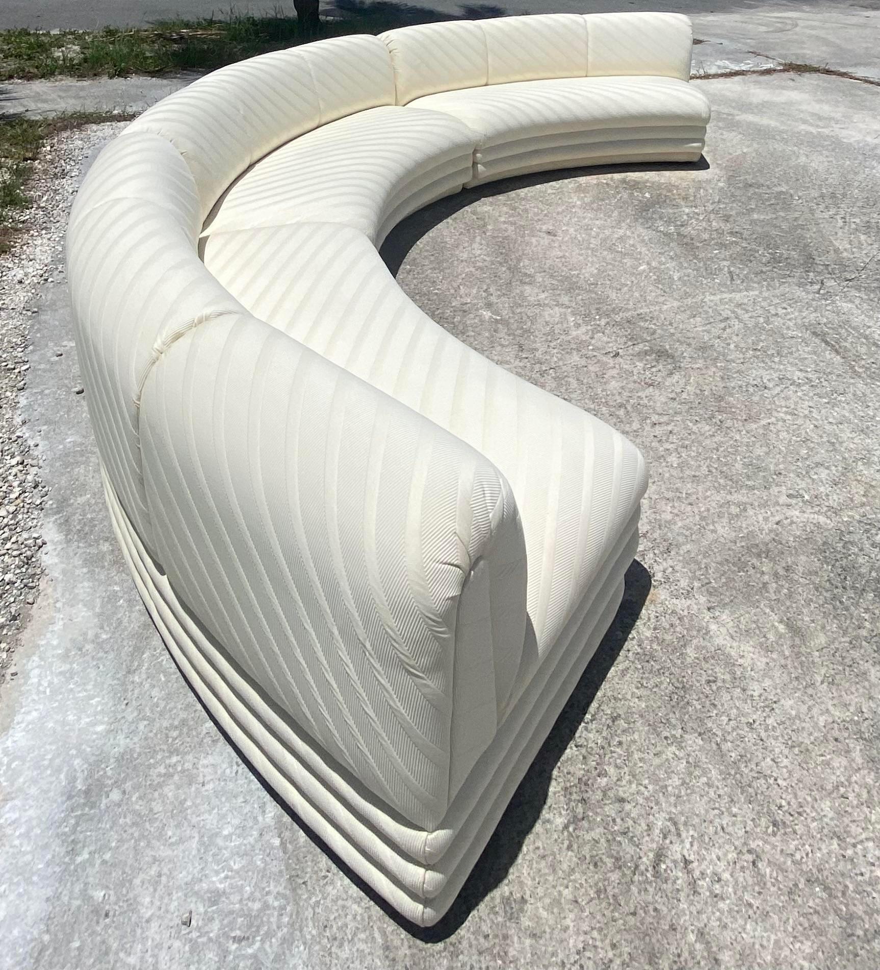 Contemporary Custom Tonal Striped Half Moon Sectional In Good Condition In West Palm Beach, FL
