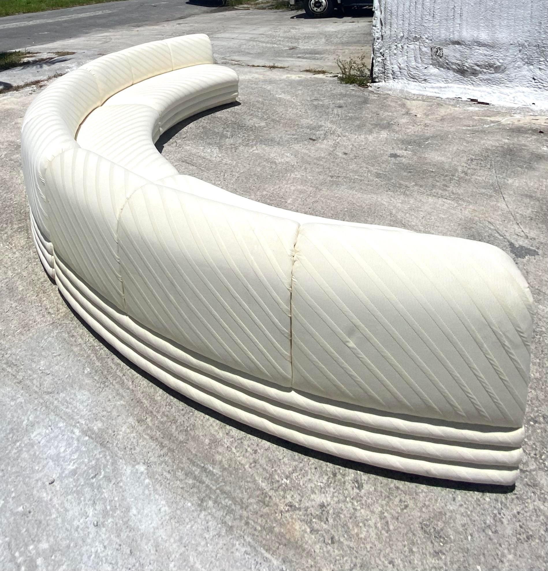 Fabric Contemporary Custom Tonal Striped Half Moon Sectional