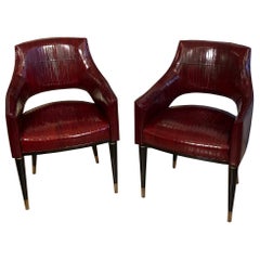 Contemporary Customizable Black Lacquered and Brass Legs Armchairs, 1950s Style