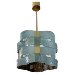 Contemporary Italian Fontana Arte Style Light Blue Murano Glass Brass Pendant