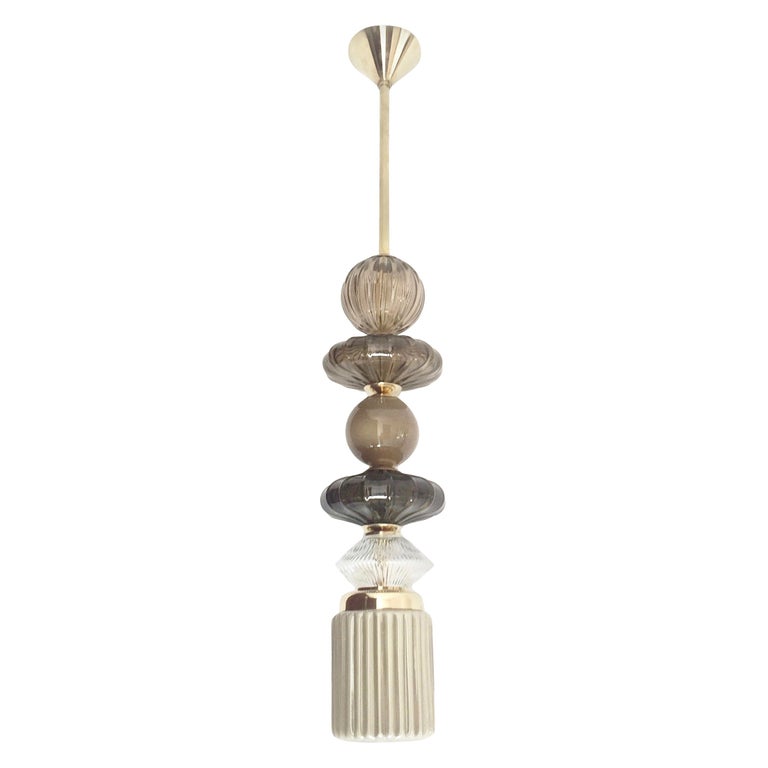 Contemporary Customizable Taupe Gold Ivory White Murano Glass Pendant Chandelier For Sale