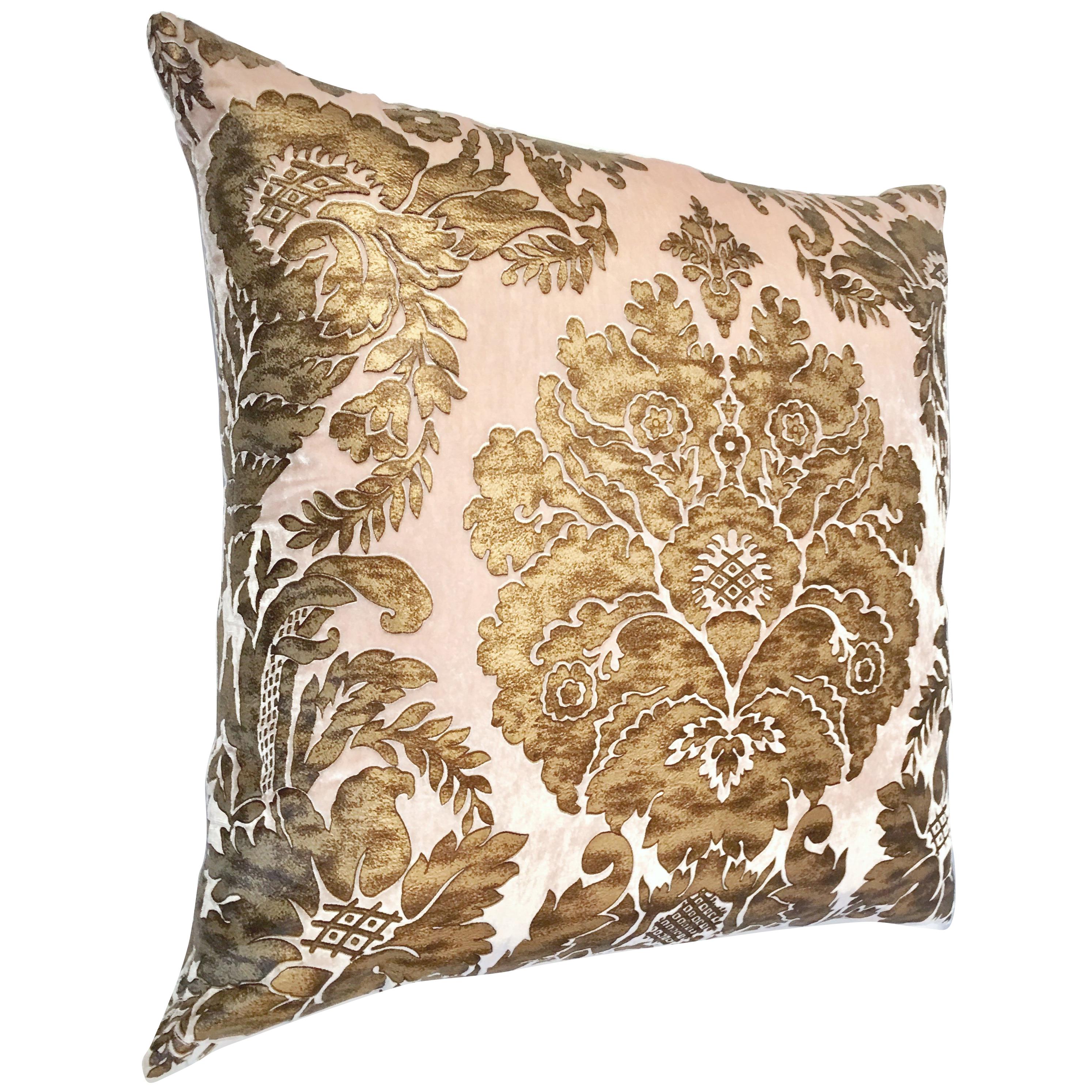 Contemporary Cut Velvet and Metallic Leather Damask Down Filled Pillow For Sale
