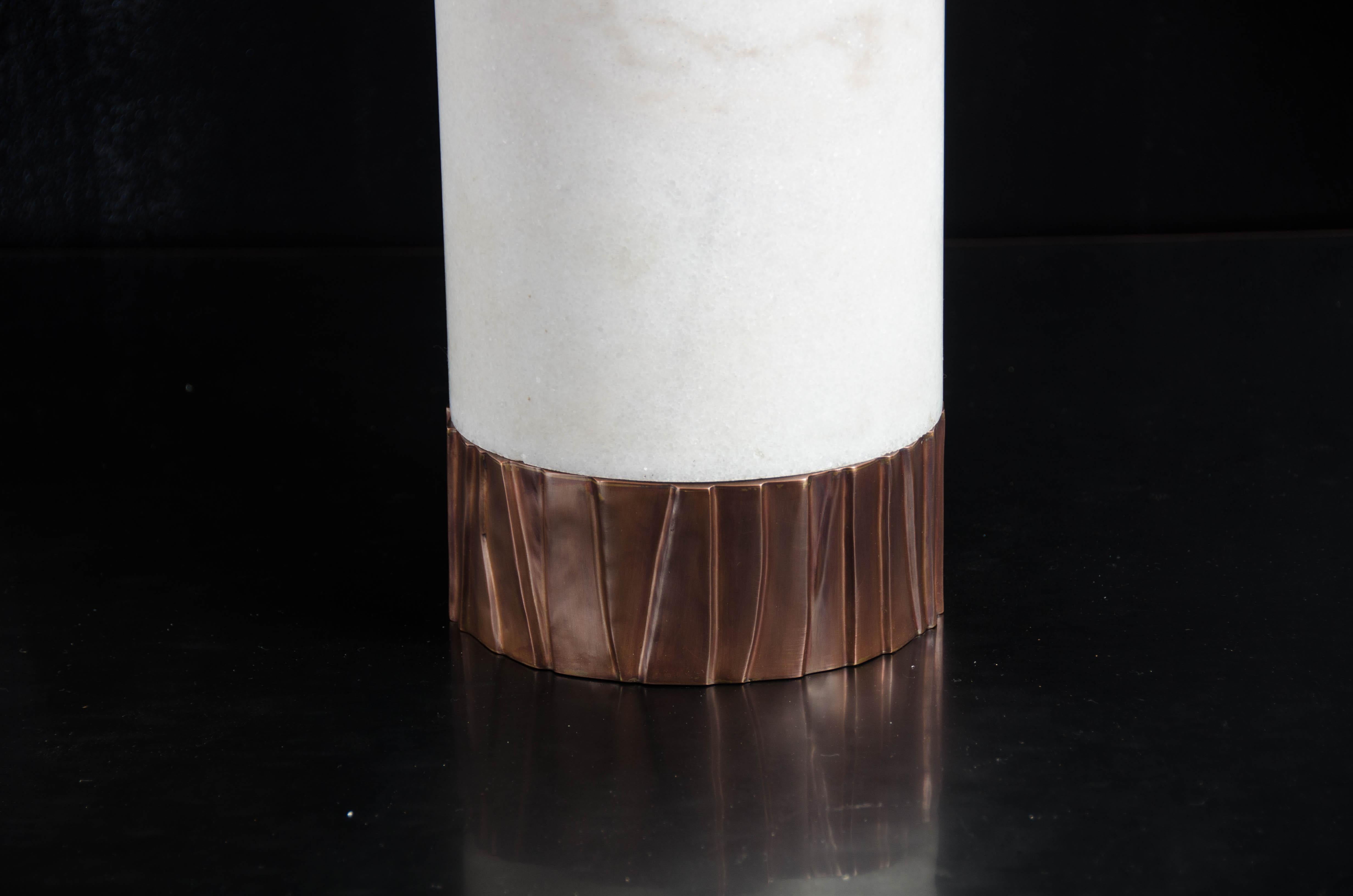 Repoussé Contemporary Cylindrical Alabaster Lamp W/ Copper Kuai Base by Robert Kuo For Sale