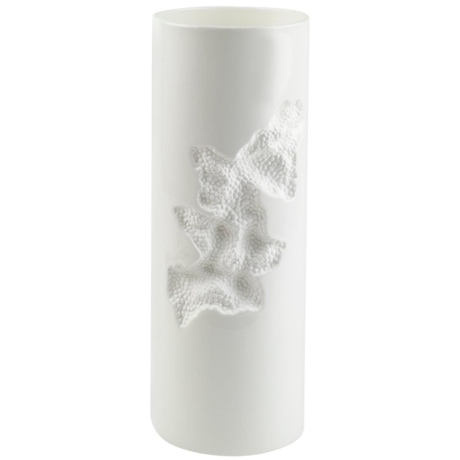 Contemporary Cylindrical Ceramic Positive Vase with Engraved Detail in White