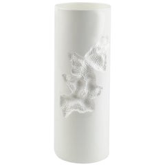 Contemporary Cylindrical Ceramic Positive Vase with Engraved Detail in White