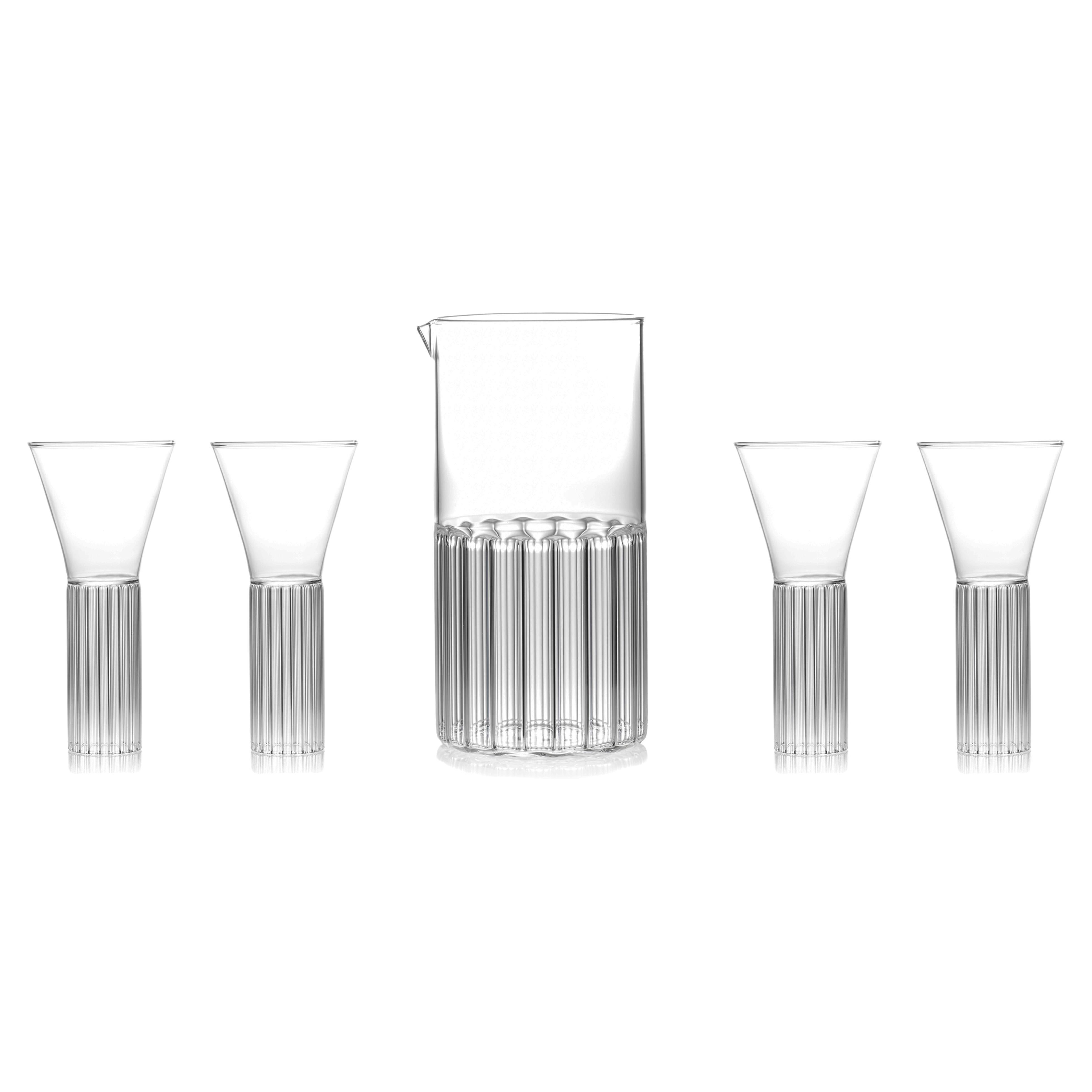 fferrone Contemporary Czech Glass Bessho Carafe with Four Sofia Medium Glasses For Sale
