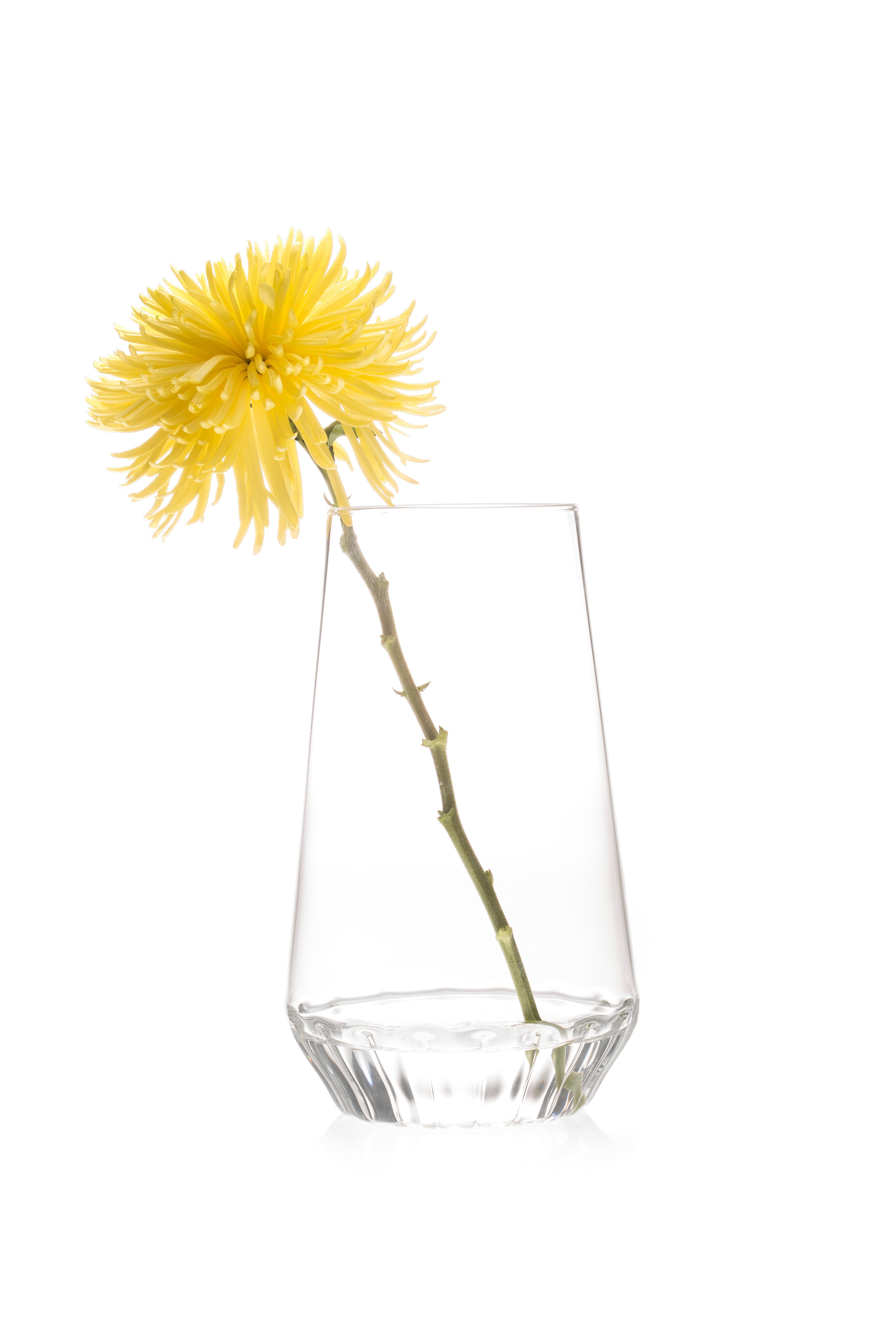 The Contemporary Czech clear glass Rossi large vase, from a single stem to a beautiful bouquet, the modern and minimal Rossi vases highlight any flower arrangement they contain by masking the stems at the bottom of the vase. For everyday use or