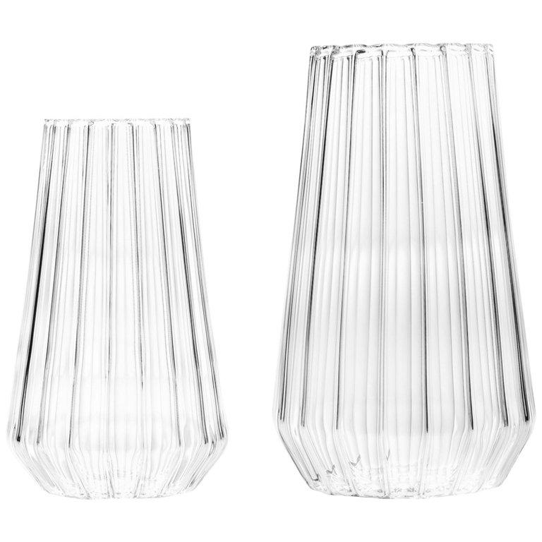 Handcrafted Fluted Glass Stella Vase Set Large and Medium , in Stock