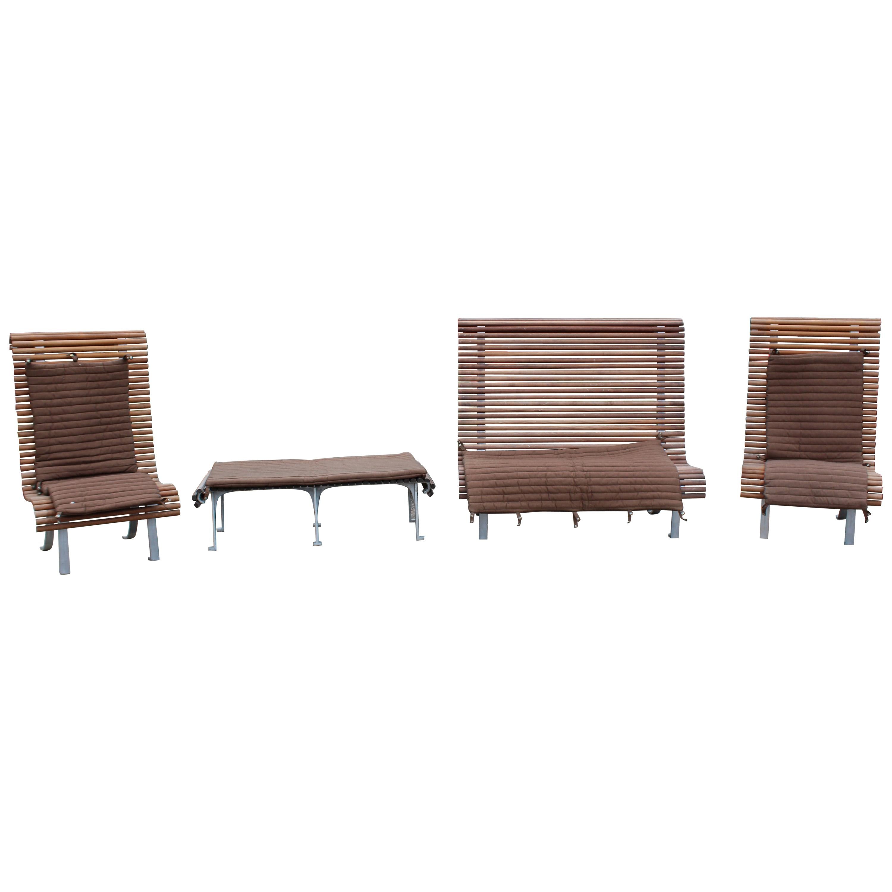 Contemporary Dacheville Nicol France Teak Patio Set Pair Chairs Settee and Bench