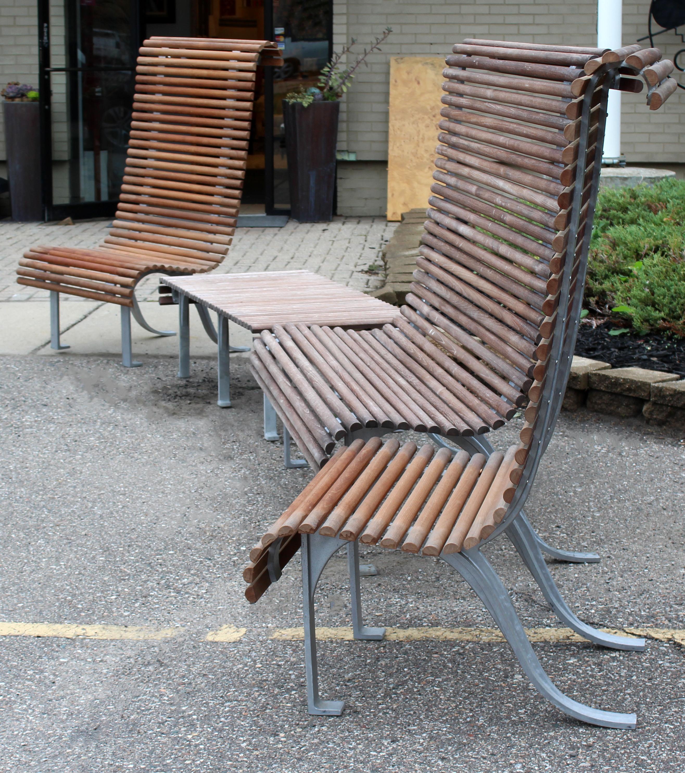 Contemporary Dacheville Nicol France Teak Patio Set Pair Chairs Settee and Bench In Good Condition In Keego Harbor, MI