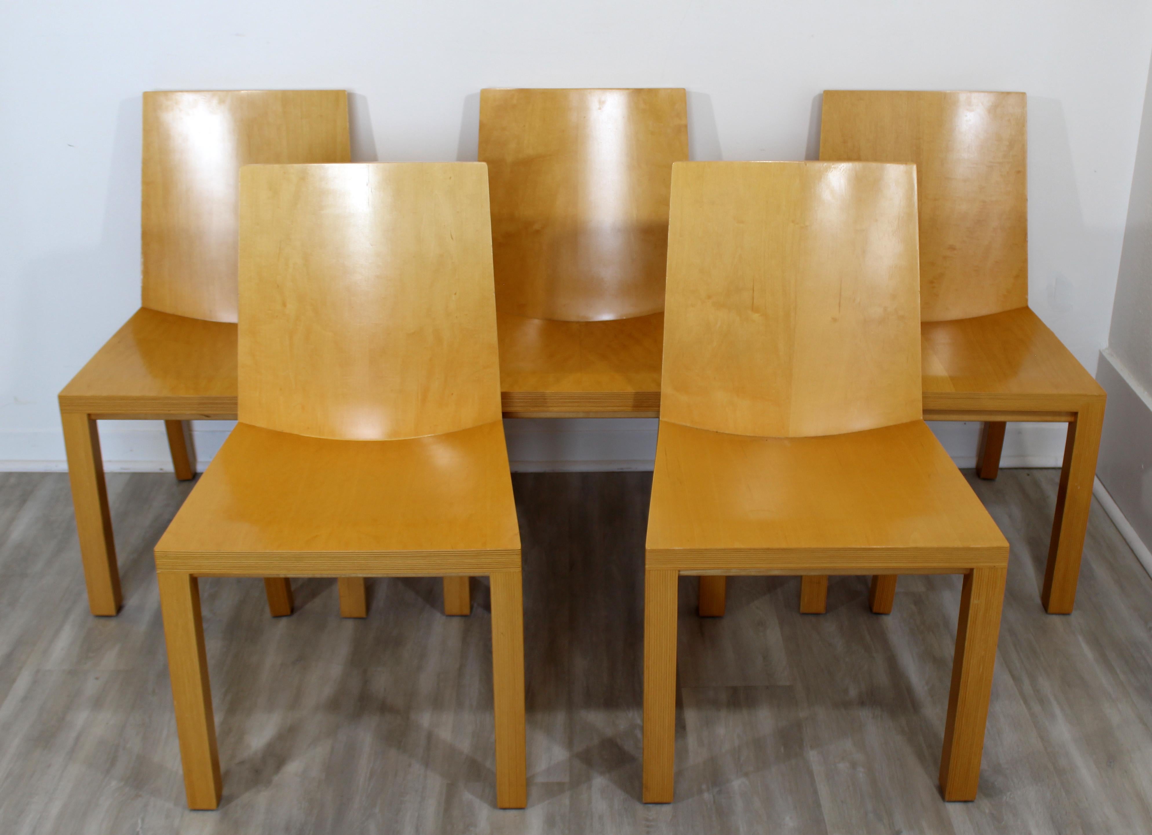 For your consideration is a phenomenal set of five, lacquered maple side chairs, by Dakota Jackson. In very good condition, with some chips that are pictured. The dimensions are 20