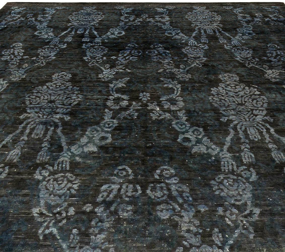 Indian Contemporary Damask Navy and Blue Handmade Wool Rug by Doris Leslie Blau For Sale