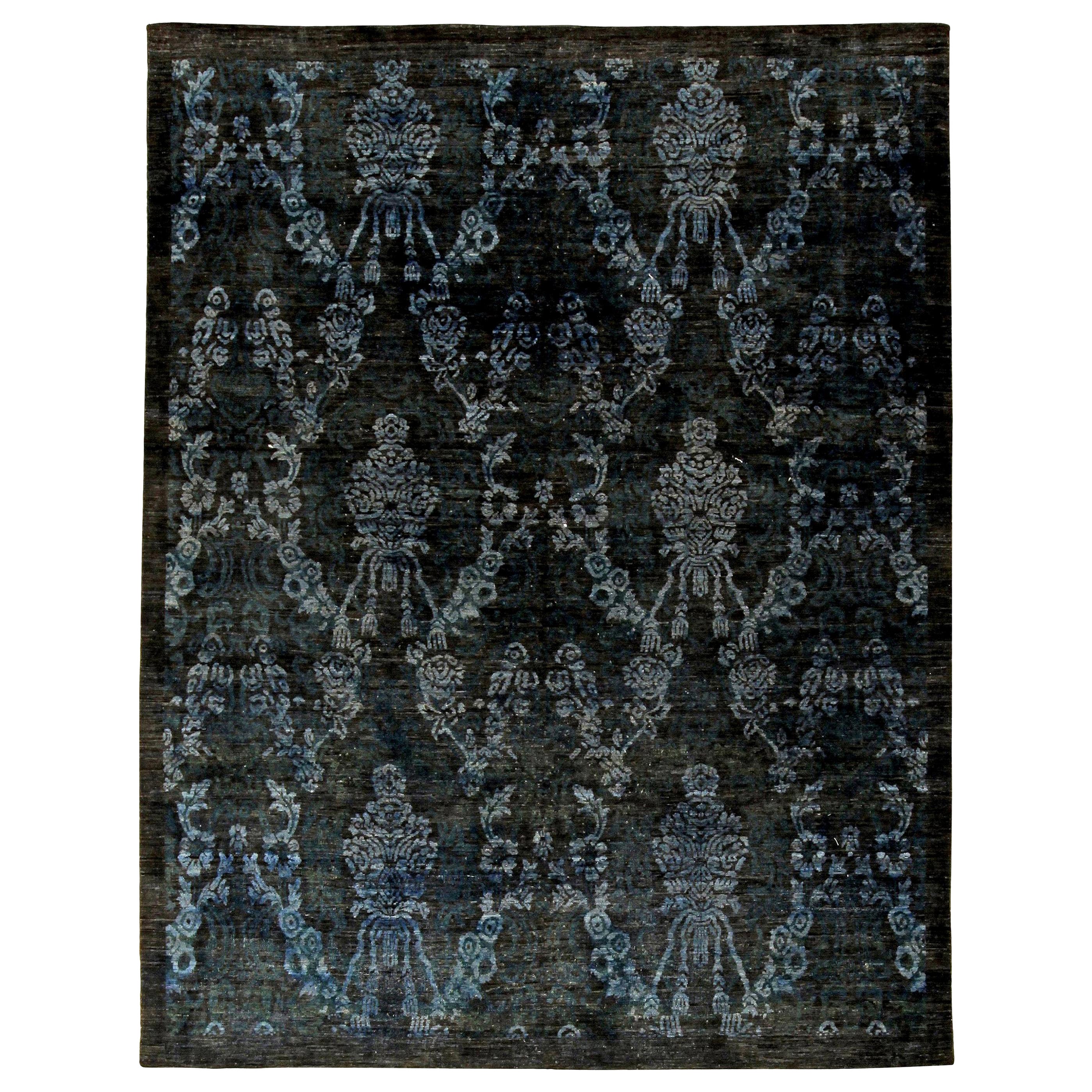 Contemporary Damask Navy and Blue Handmade Wool Rug by Doris Leslie Blau