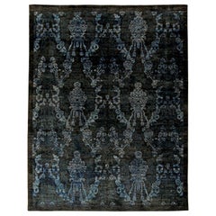 Contemporary Damask Navy and Blue Handmade Wool Rug by Doris Leslie Blau