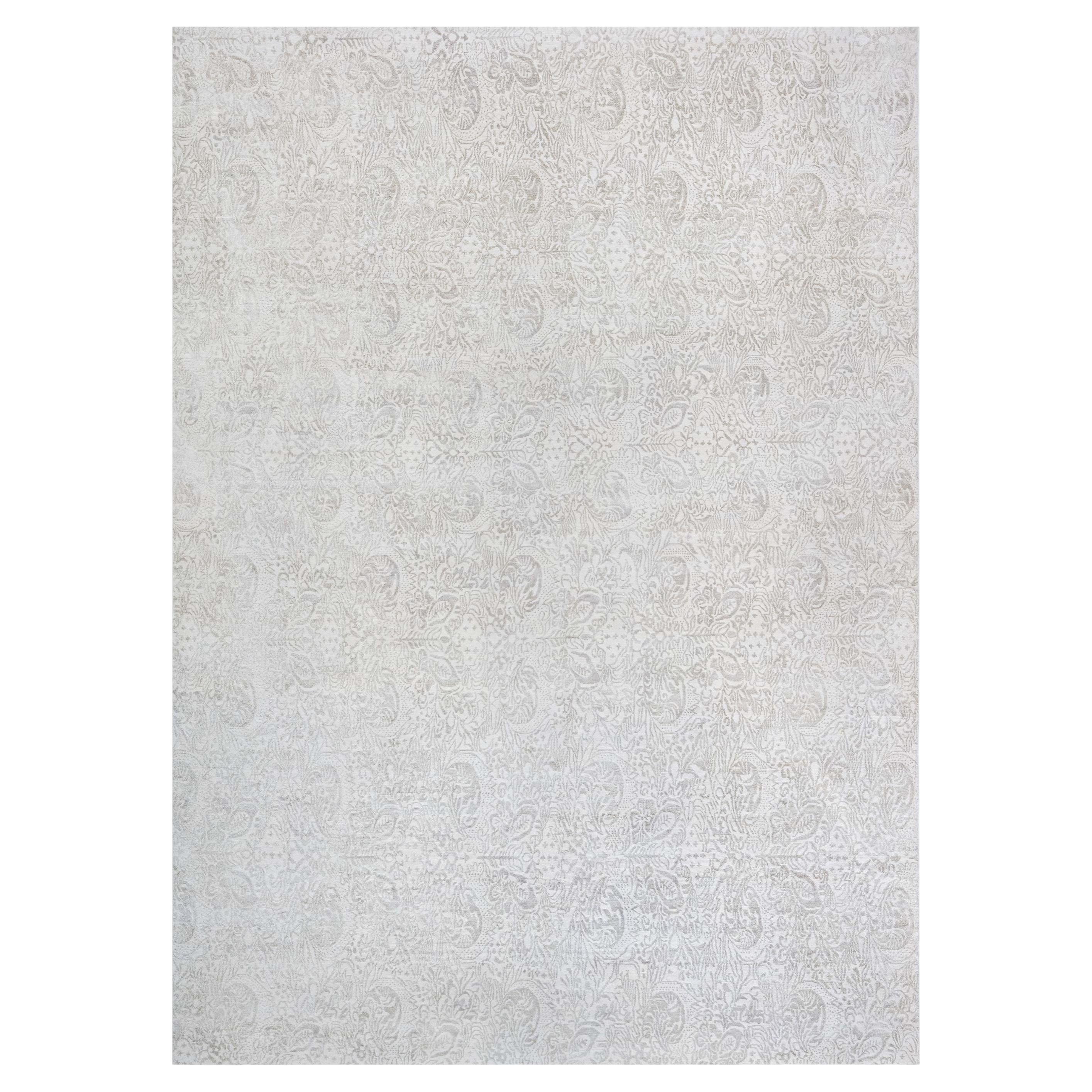 Contemporary Damask Tonal Arabesque Gray With Taupe Silk Carpet "Hush" For Sale