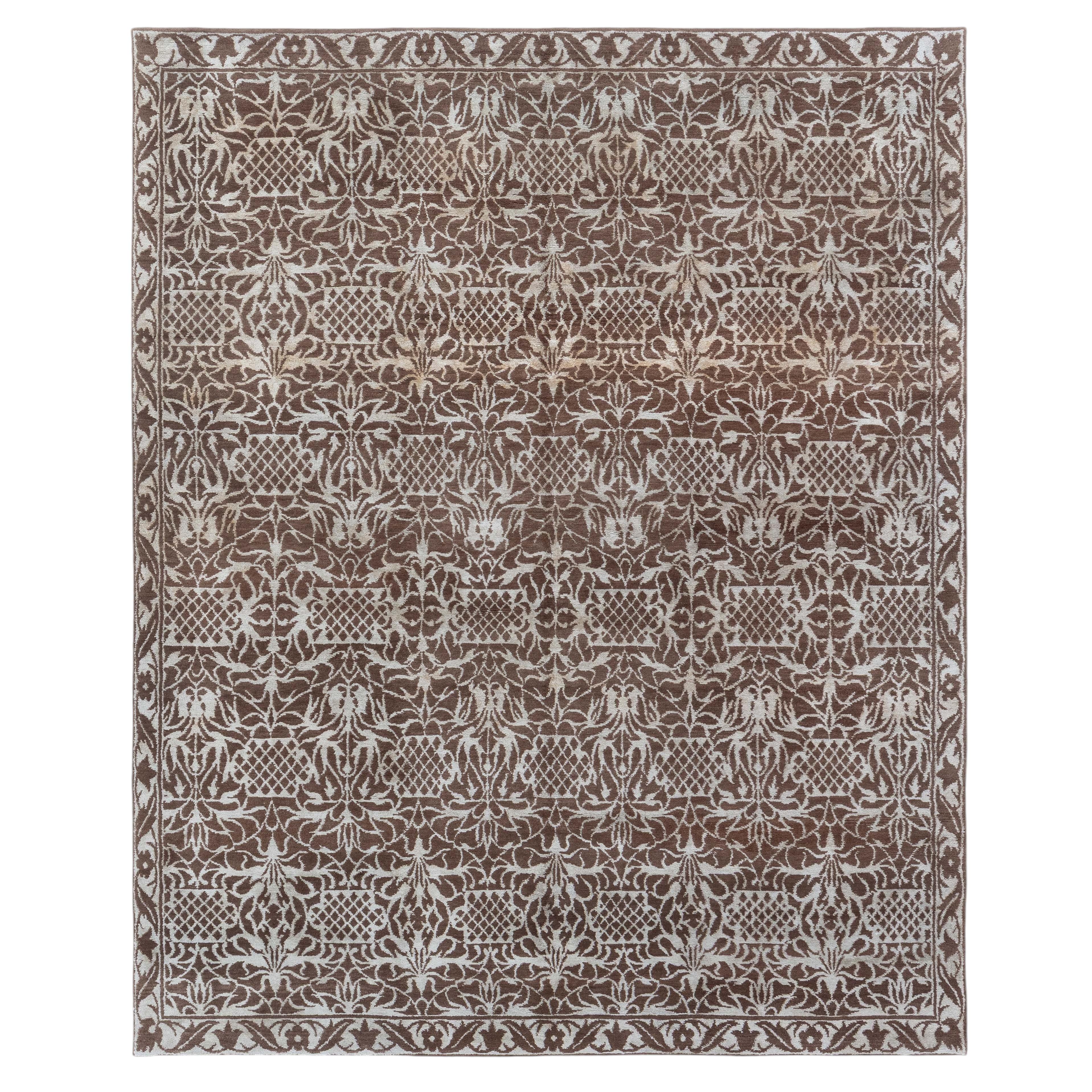 Contemporary Damask Vine Lattice Ivory And Brown Silk Carpet "Vigne"