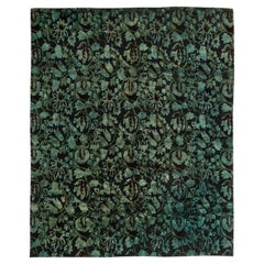 Contemporary Damask Vine & Pod Teal Silk Carpet "Viridion" by Doris Leslie Blau