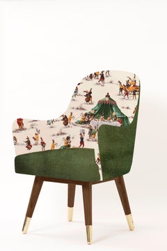 Contemporary Dandy Chair with Green Leather, Checker Upholstery and Copper