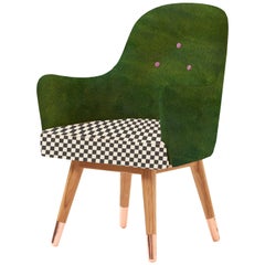 Contemporary Dandy Chair with Green Leather, Checker Upholstery and Copper