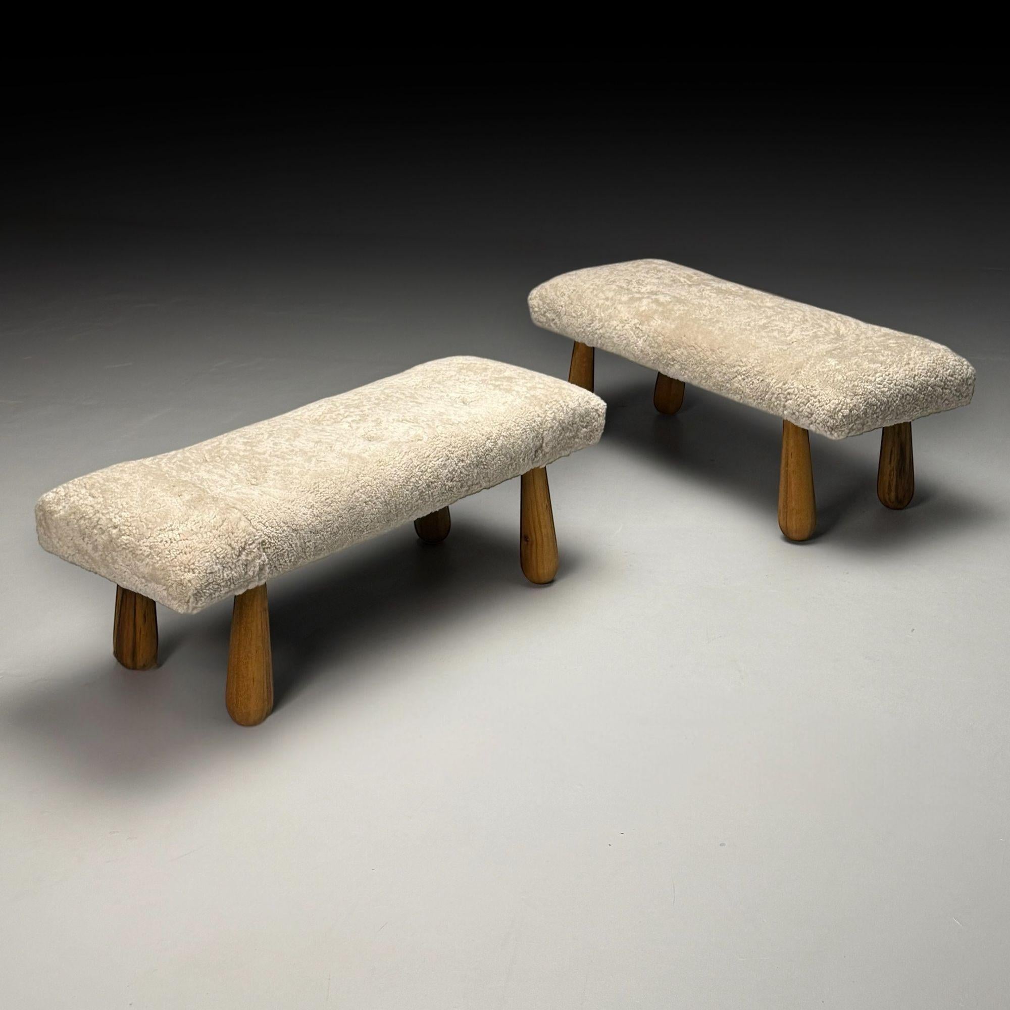 Contemporary, Danish Mid-Century Modern Style, Bancs, Beige Shearling, Maple en vente 1