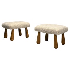 Contemporary, Danish Mid-Century Modern Style, Small Benches, Shearling, Maple
