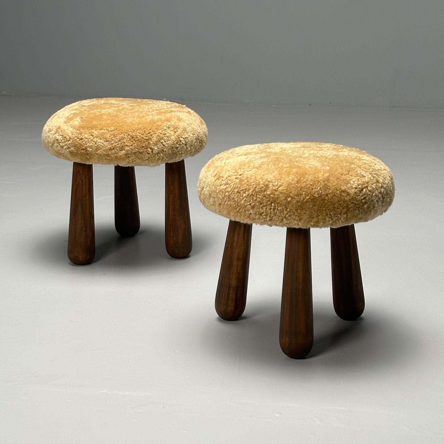Contemporary, Danish Mid-Century Modern Style, Sheepskin Footstools or Ottomans, Honey Shearling, Maple

Pair of Danish modern style tripod stools or ottomans. Each example is unique and one-of-a-kind, designed and produced here in the United