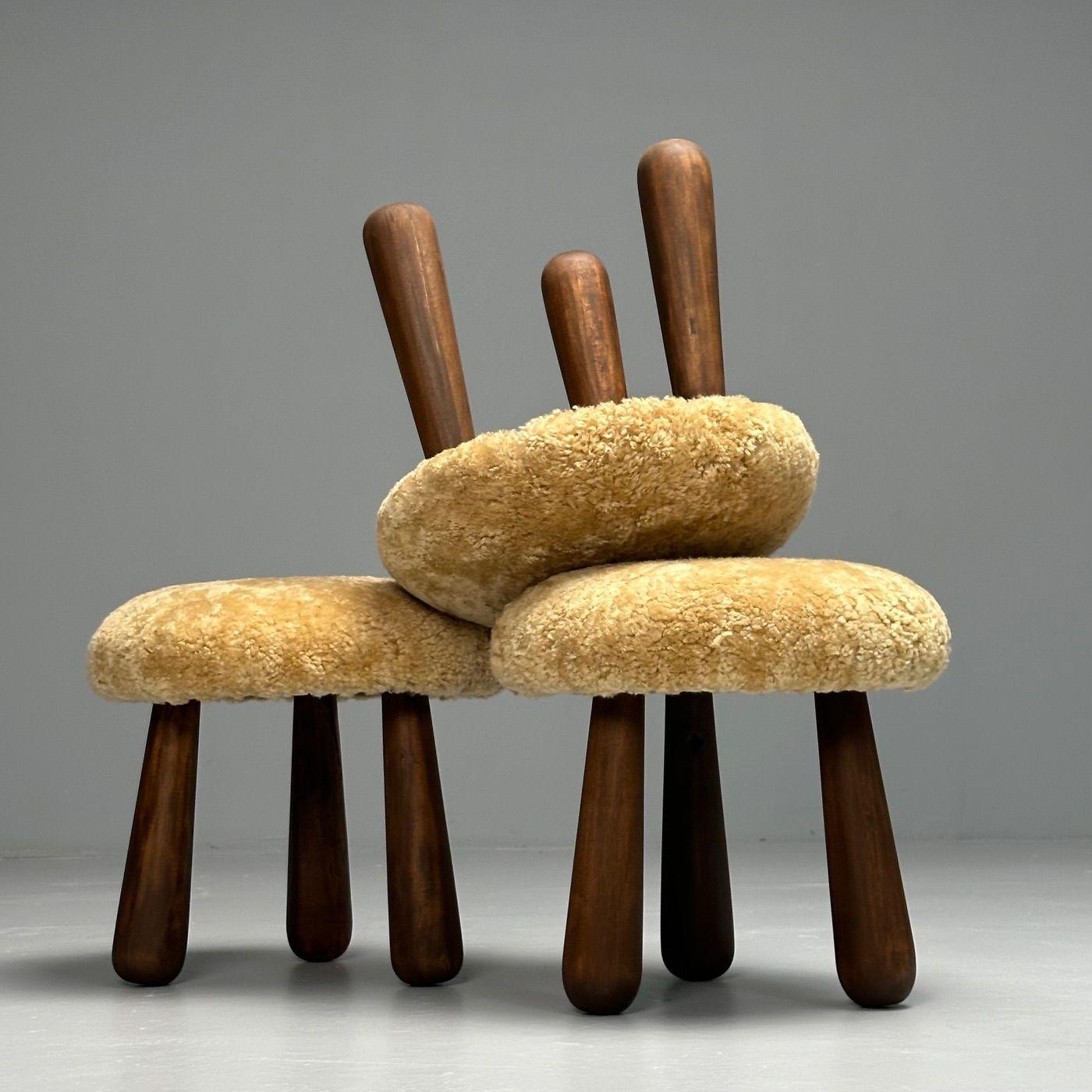 Mid-Century Modern Contemporary, Danish Modern, Sheepskin Stools, Honey Shearling, Maple For Sale