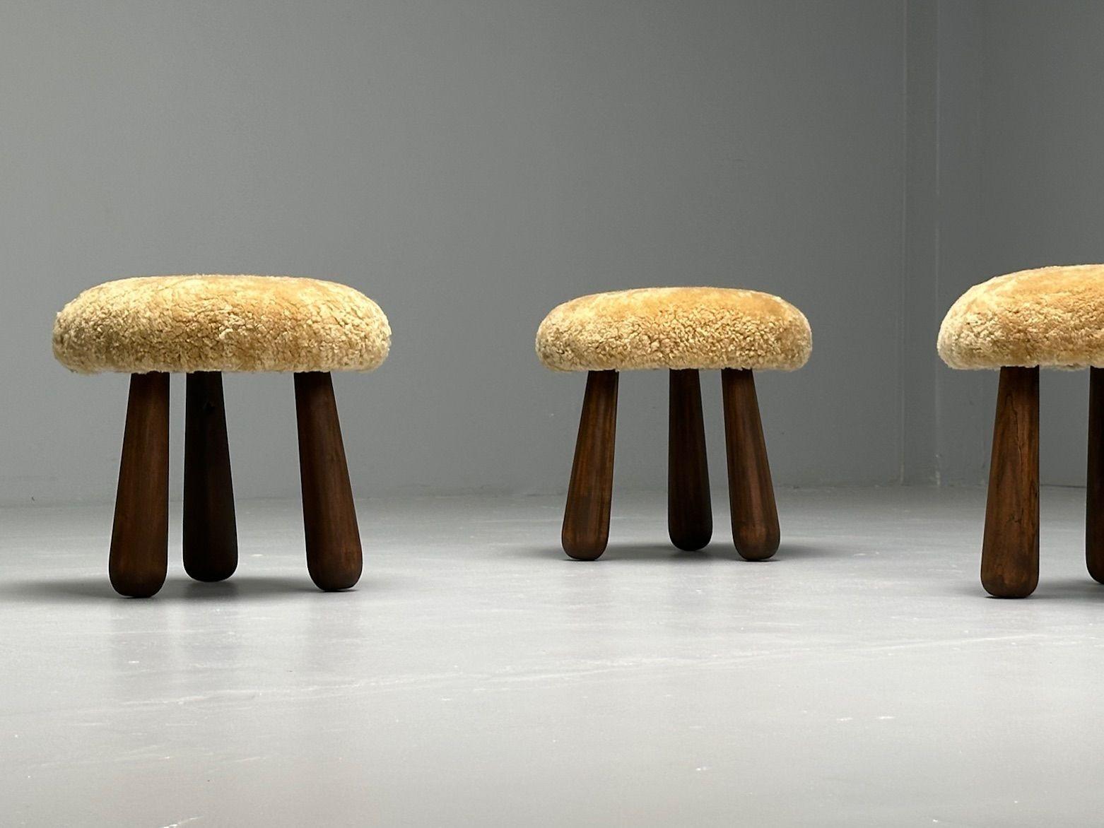 American Contemporary, Danish Modern, Sheepskin Stools, Honey Shearling, Maple For Sale