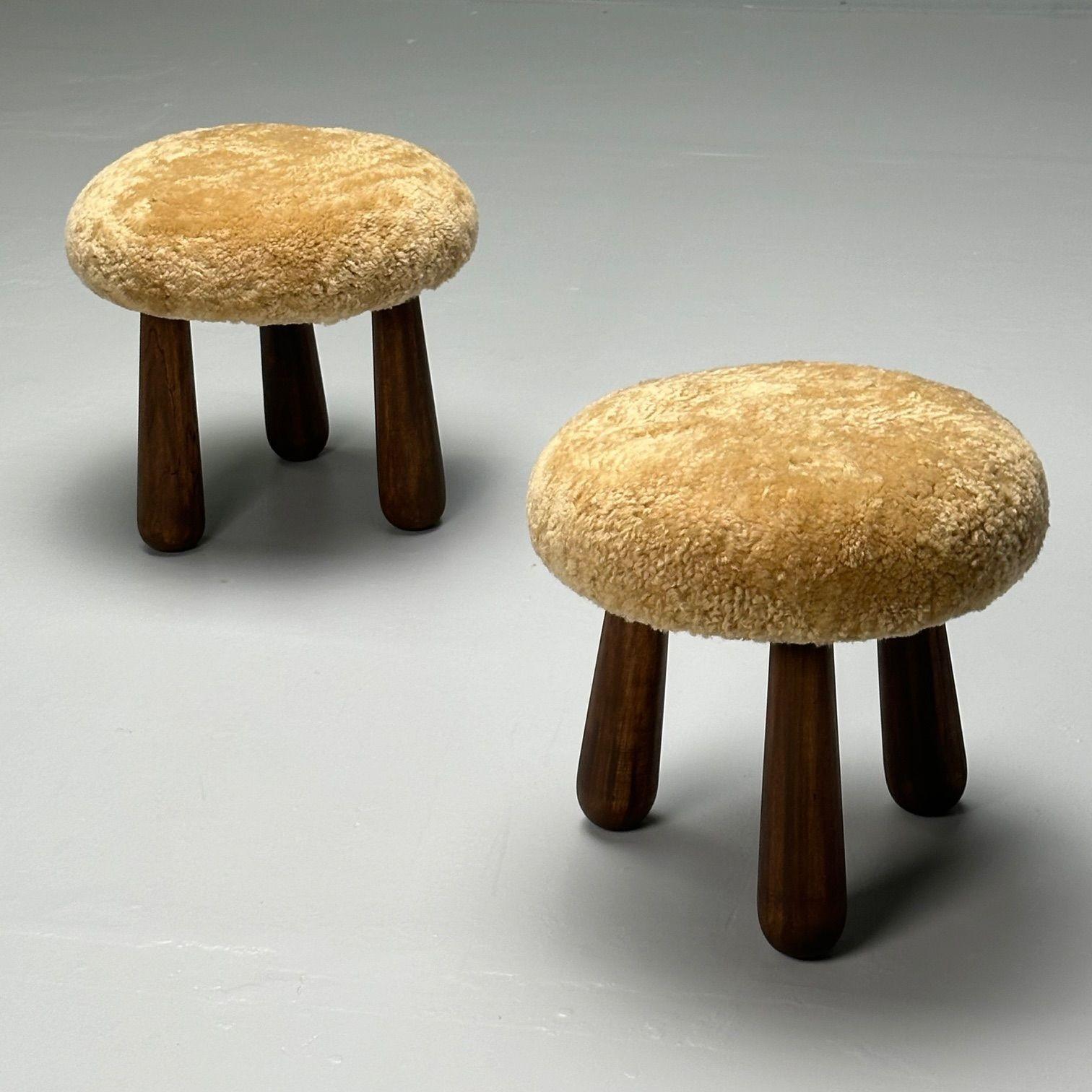 Contemporary, Danish Modern, Sheepskin Stools, Honey Shearling, Maple In New Condition For Sale In Manhasset, NY