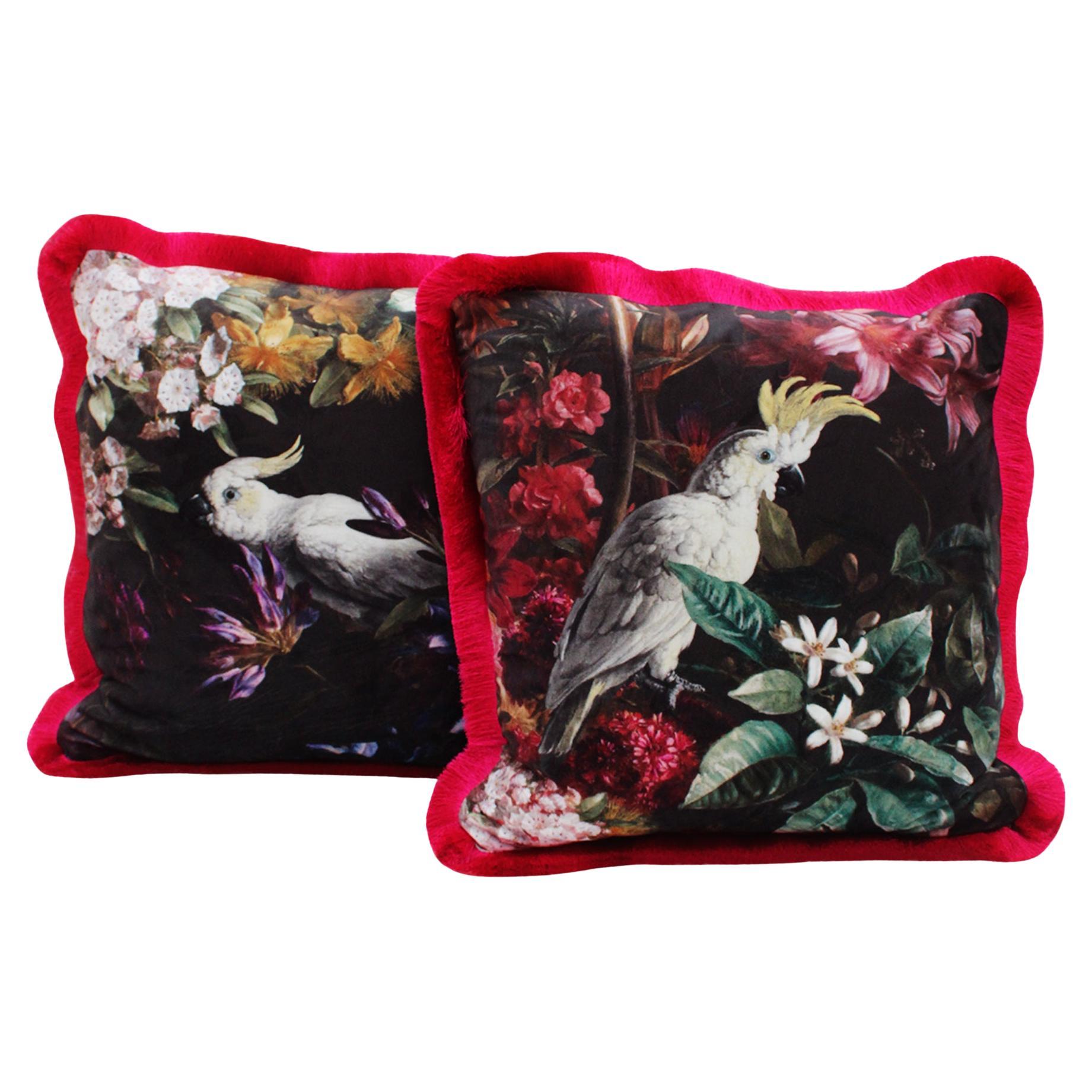 Contemporary Dark And Fuchsia Cotton And Moire Fabric Parrots Pair Of Pillows