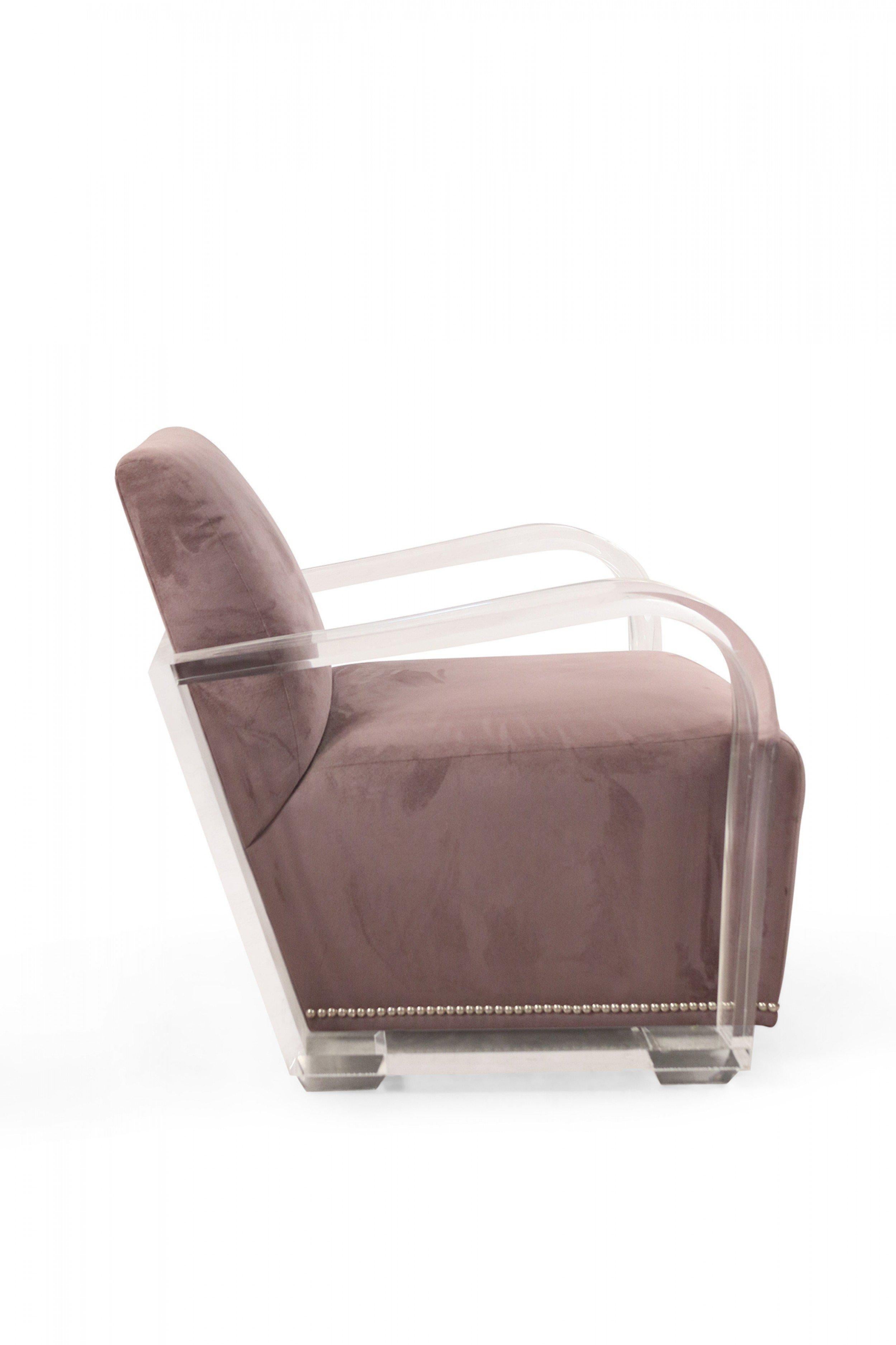 North American Contemporary Dark Gray Suede and Lucite Lounge Chair For Sale