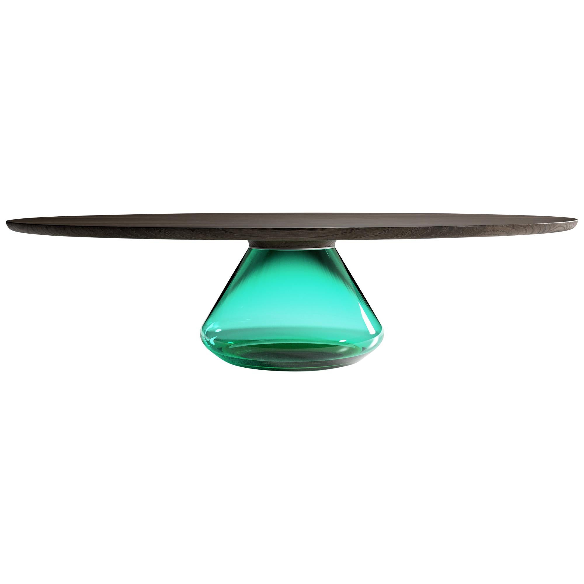 "Emerald Eclipse"  Coffee Table ft. Hand-Blown Glass and Dark Oak Top For Sale