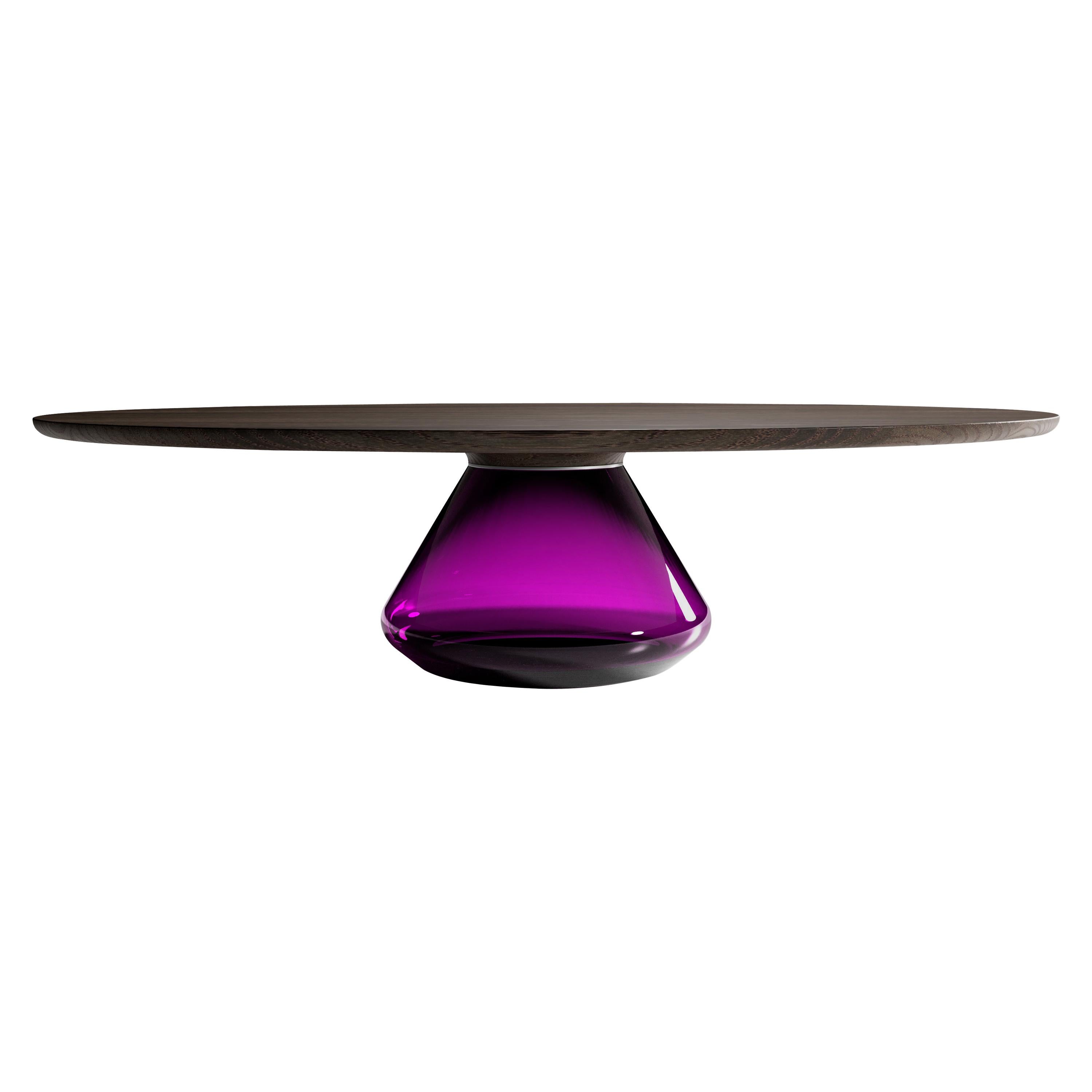 "Charoite Eclipse" Coffee Table ft. Hand-Blown Glass and Dark Oak Top For Sale