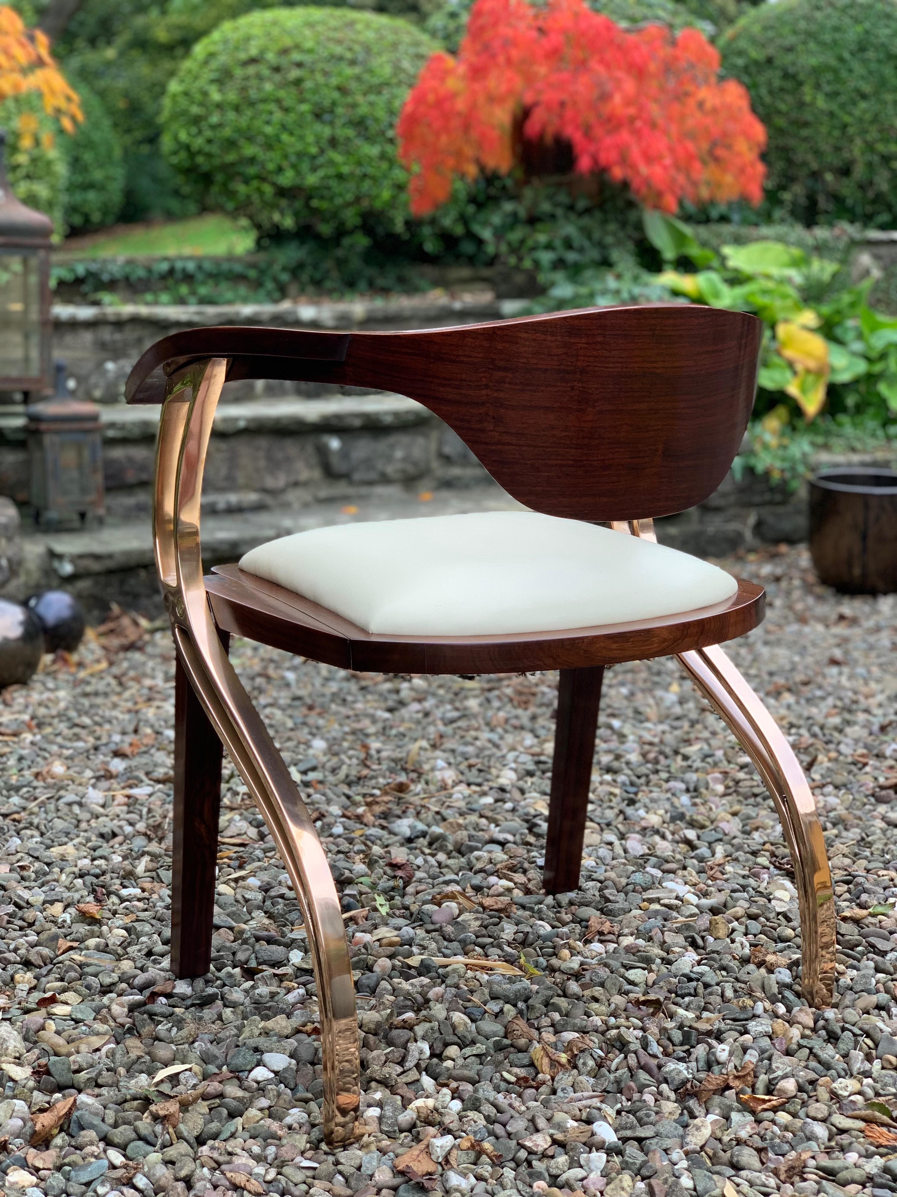 Hand-Crafted Contemporary Leather Upholstered Dark Walnut and Bronze Dining Chair For Sale