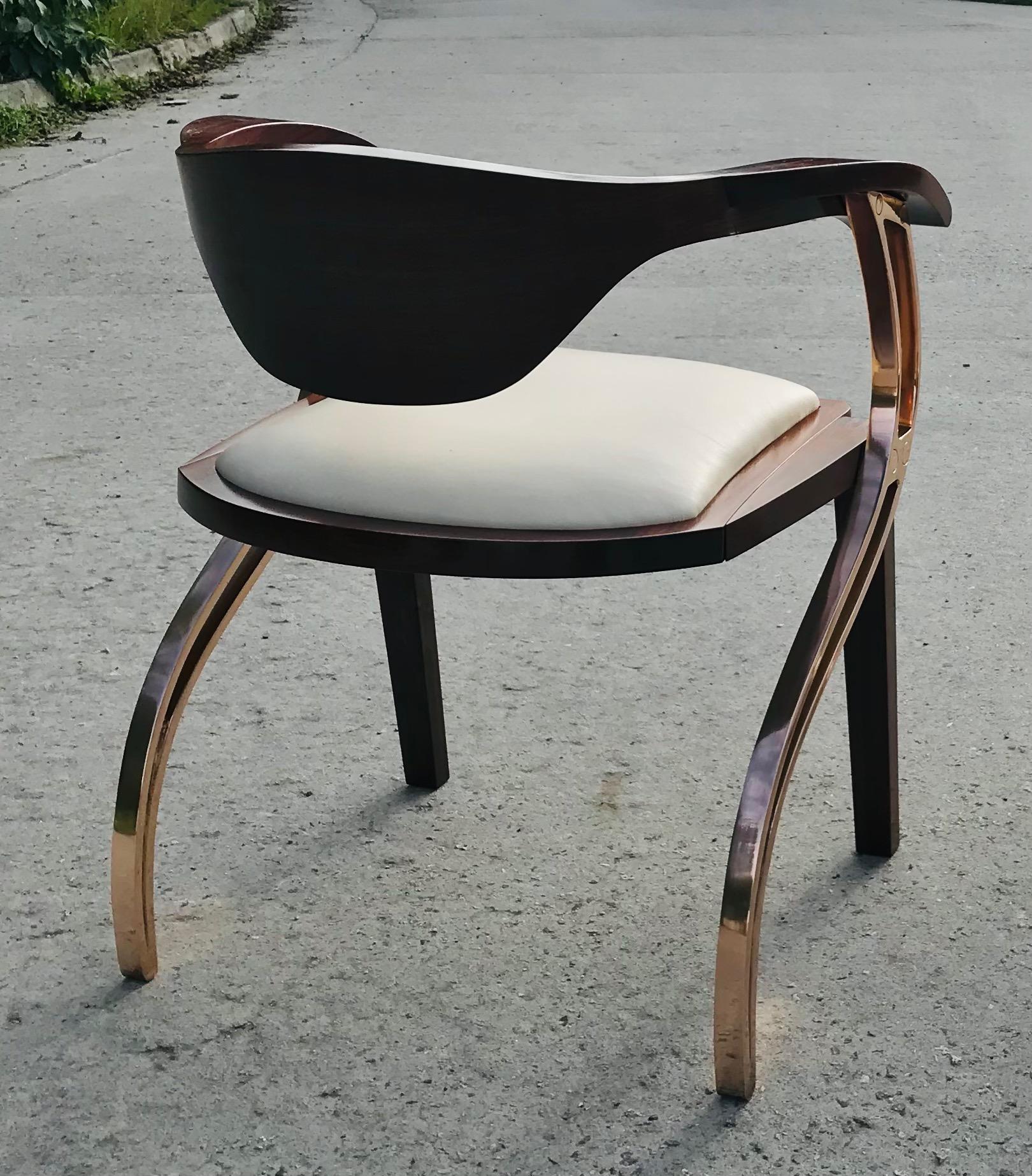 Contemporary Leather Upholstered Dark Walnut and Bronze Dining Chair In New Condition For Sale In Loddiswell, Devon