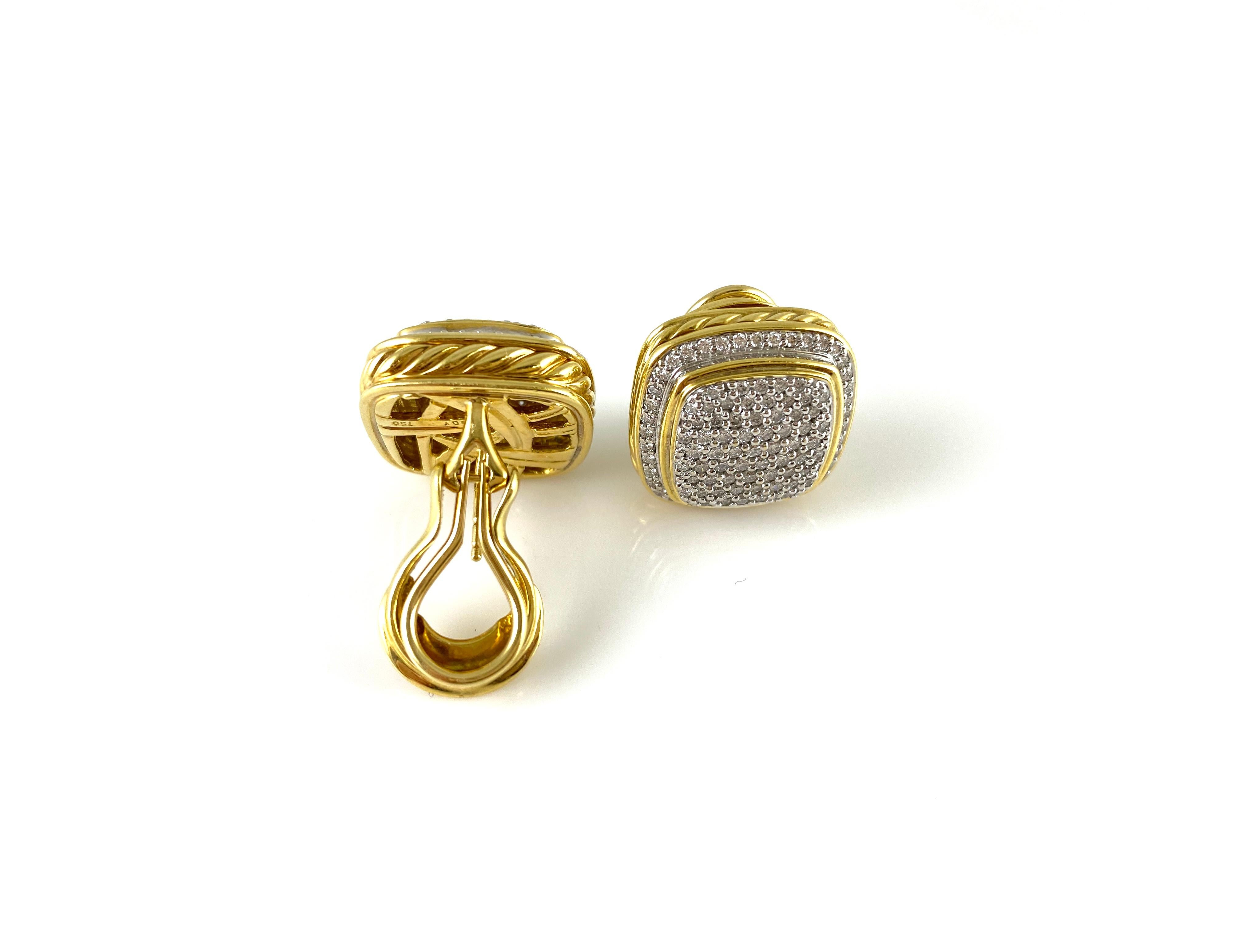 Round Cut Contemporary David Yurman 18 Karat Yellow Carved Gold with Diamonds Earring For Sale
