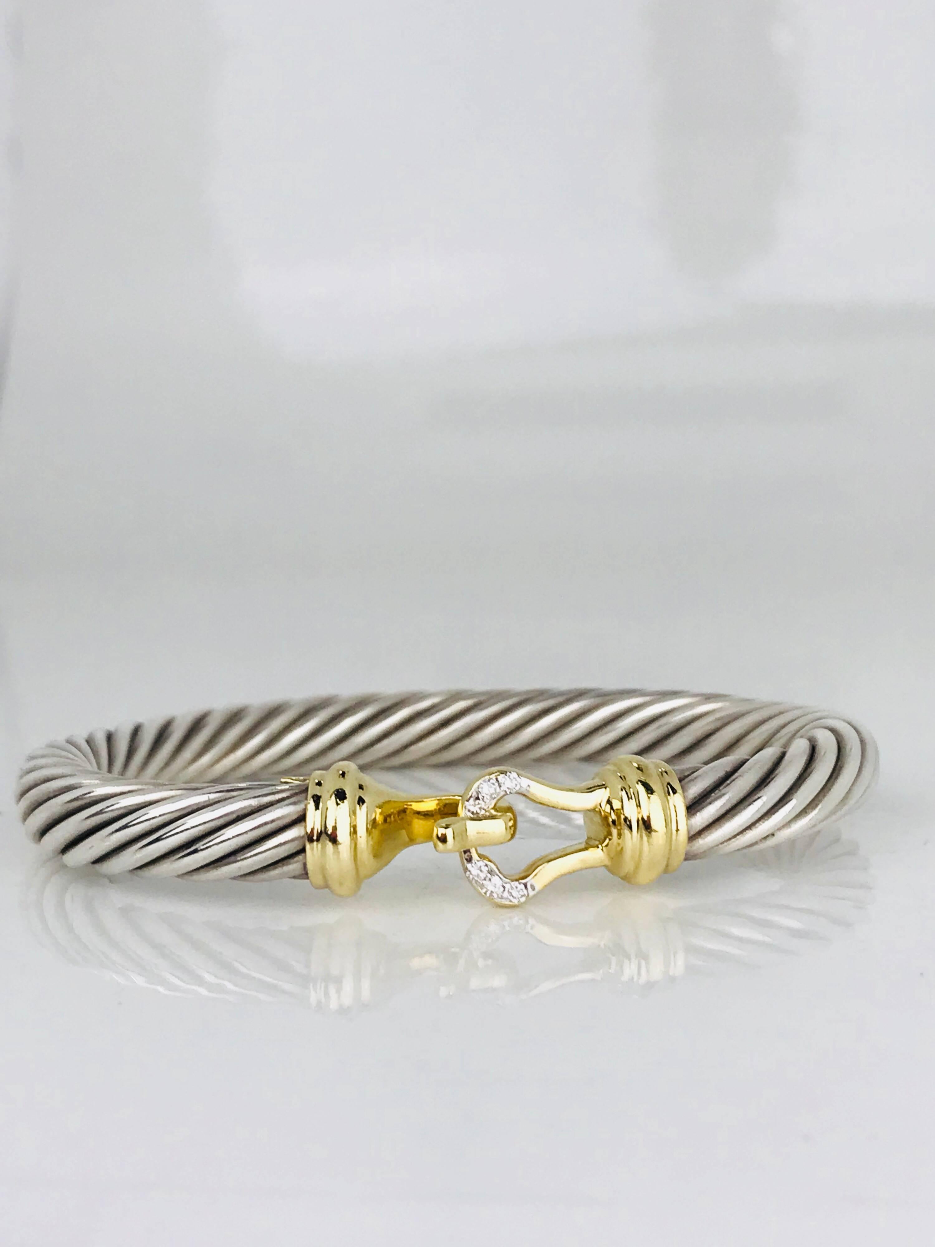 Contemporary David Yurman, 18 Karat Gold Sterling Cable Diamond Clasp Bracelet For Sale 1