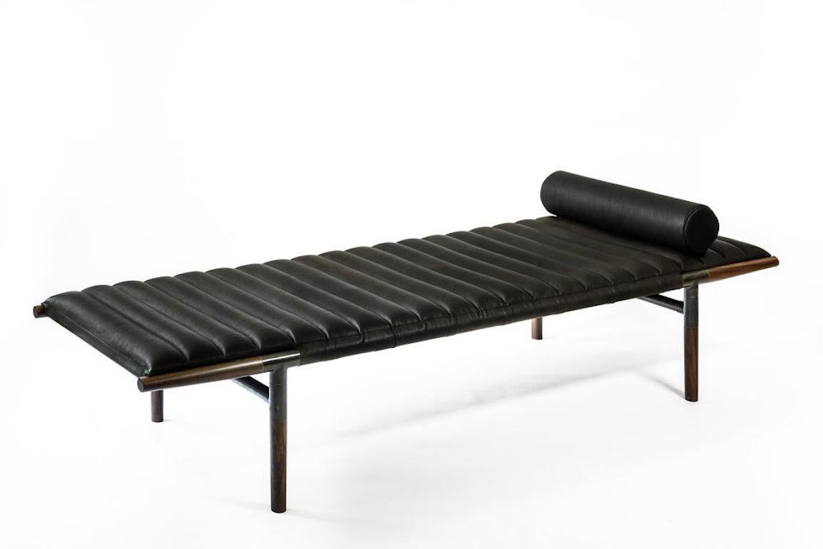 Contemporary Daybed, Cerused Iroko, Cognac Leather and Nickel For Sale 1