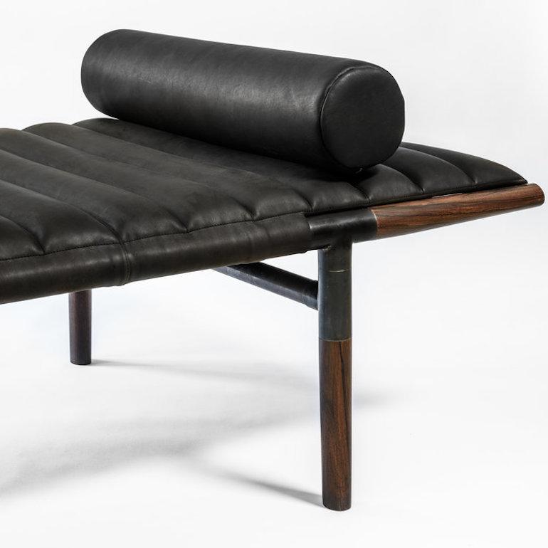 Contemporary Daybed, Cerused Iroko, Cognac Leather and Nickel For Sale 2