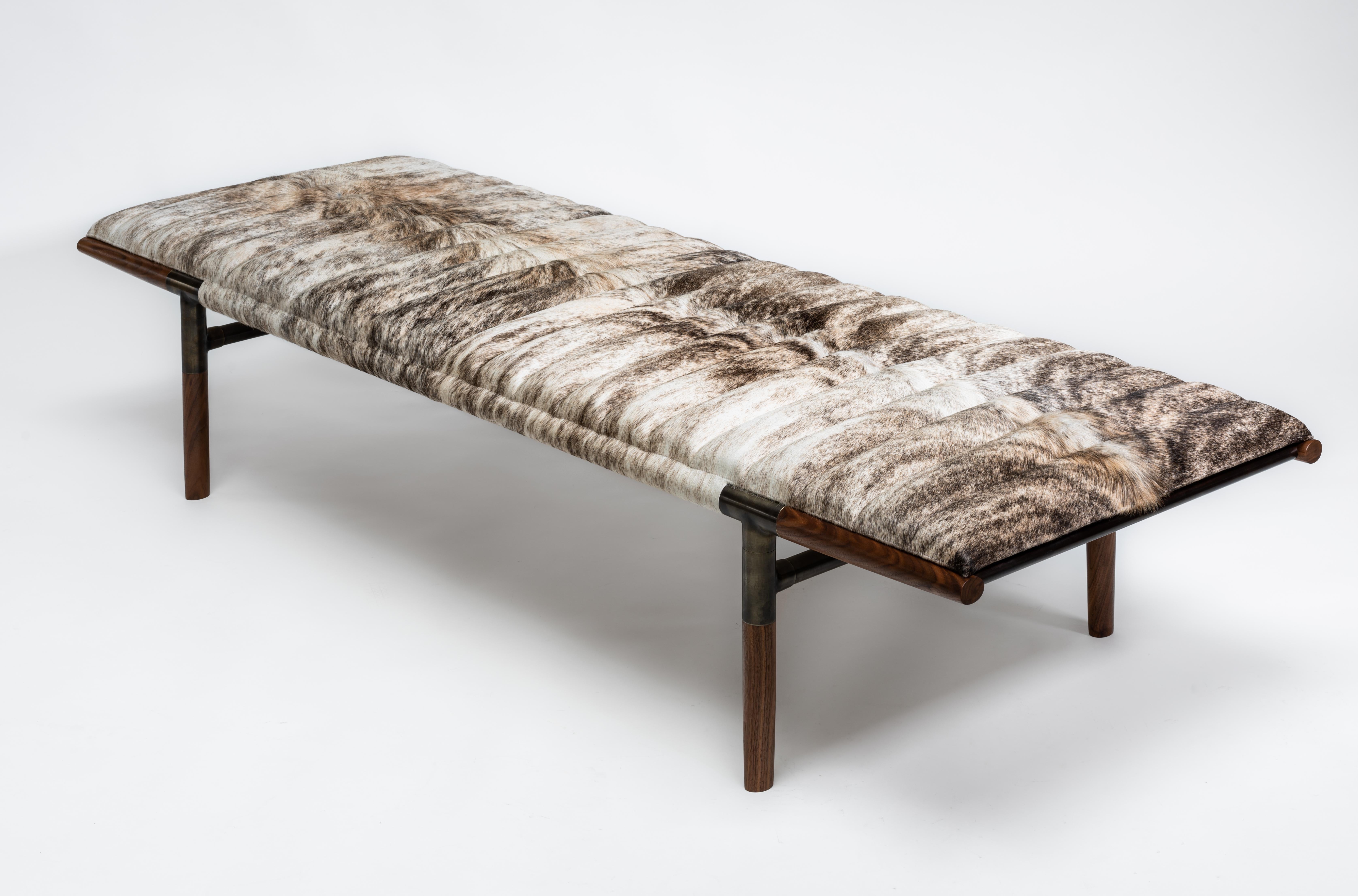Organic Modern Contemporary Daybed, Walnut, Grey Brindle Hide and Bronze For Sale