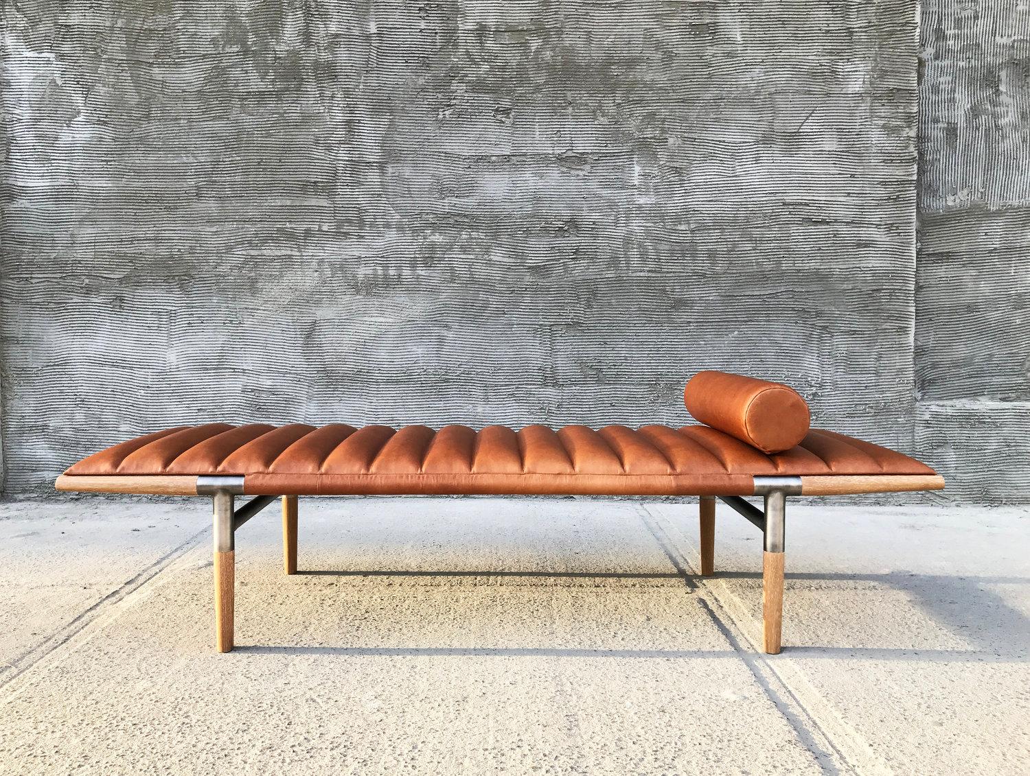 Leather Contemporary Daybed, Walnut, Grey Brindle Hide and Bronze For Sale