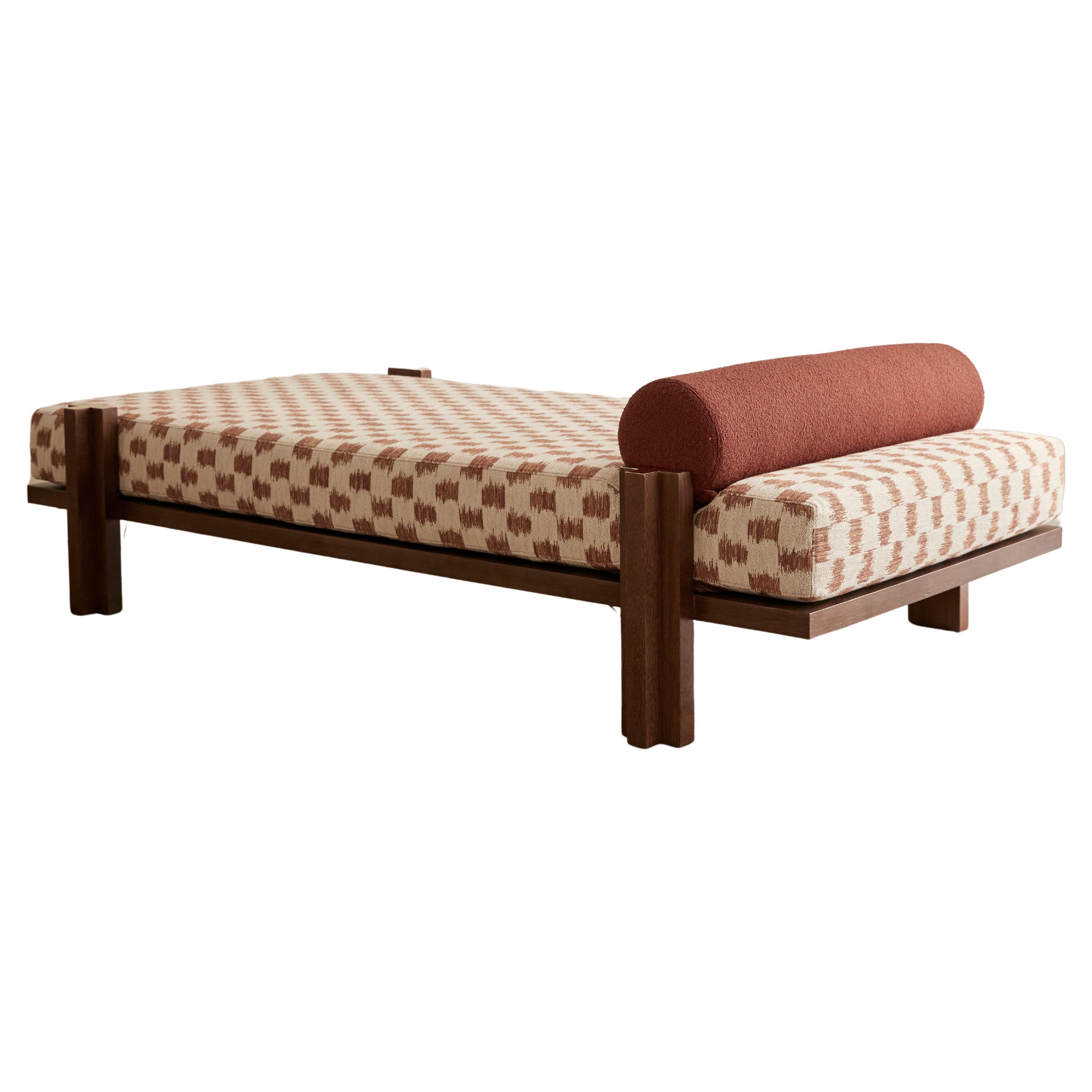 Contemporary daybed with walnut structure and mixed textile upholstery  For Sale