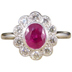 Contemporary Deco Style 0.80 Carat Ruby Diamond Cluster Ring in Platinum