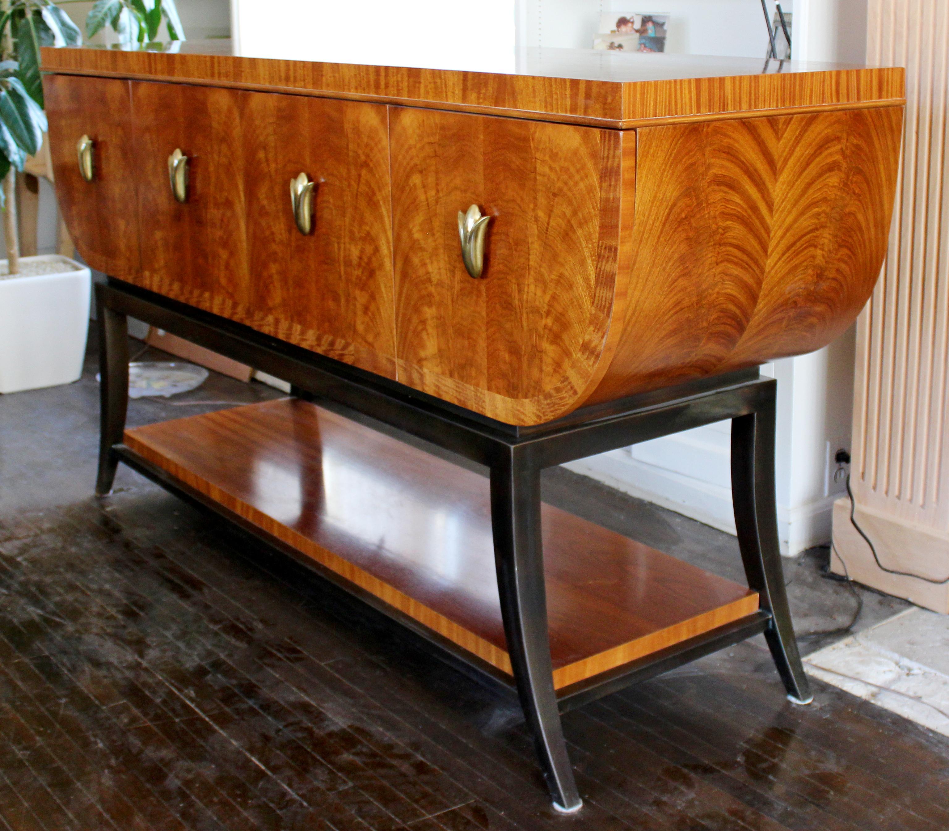 For your consideration is a spectacular, curved burl wood credenza, with three drawers and brass handles, by Henredon, circa 1990s. In excellent vintage condition. The dimensions are 72