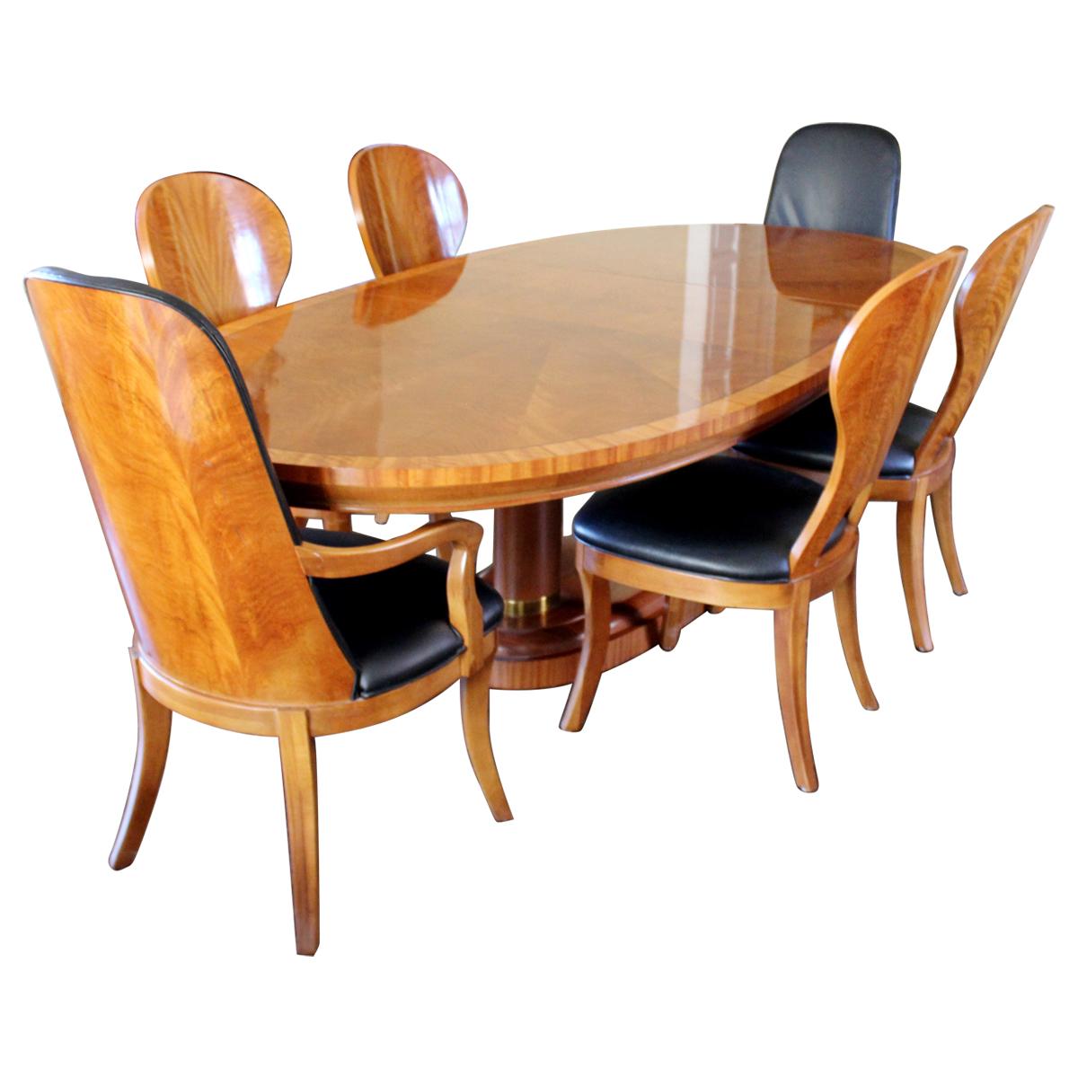 Contemporary Deco Style Double Pedestal Dining Table with Six Chairs Henredon