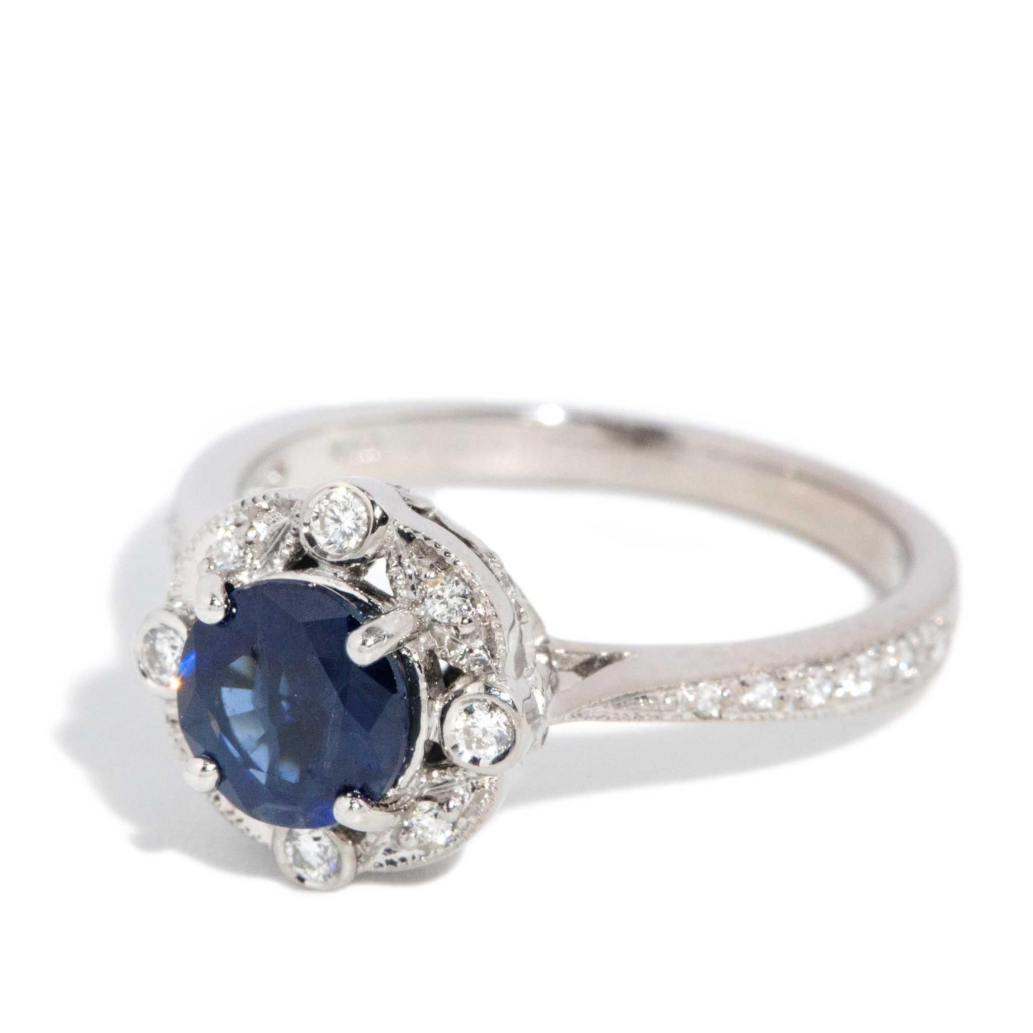 Round Cut Contemporary Deep Blue Sapphire & Diamond Ring 14 Carat White Gold For Sale